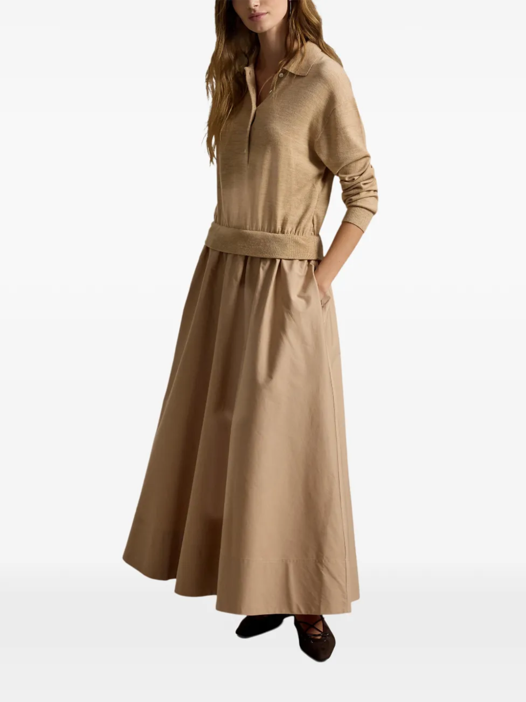 RALPH LAUREN WOMEN Hybrid Knit Polo-Bodice Dress Tan