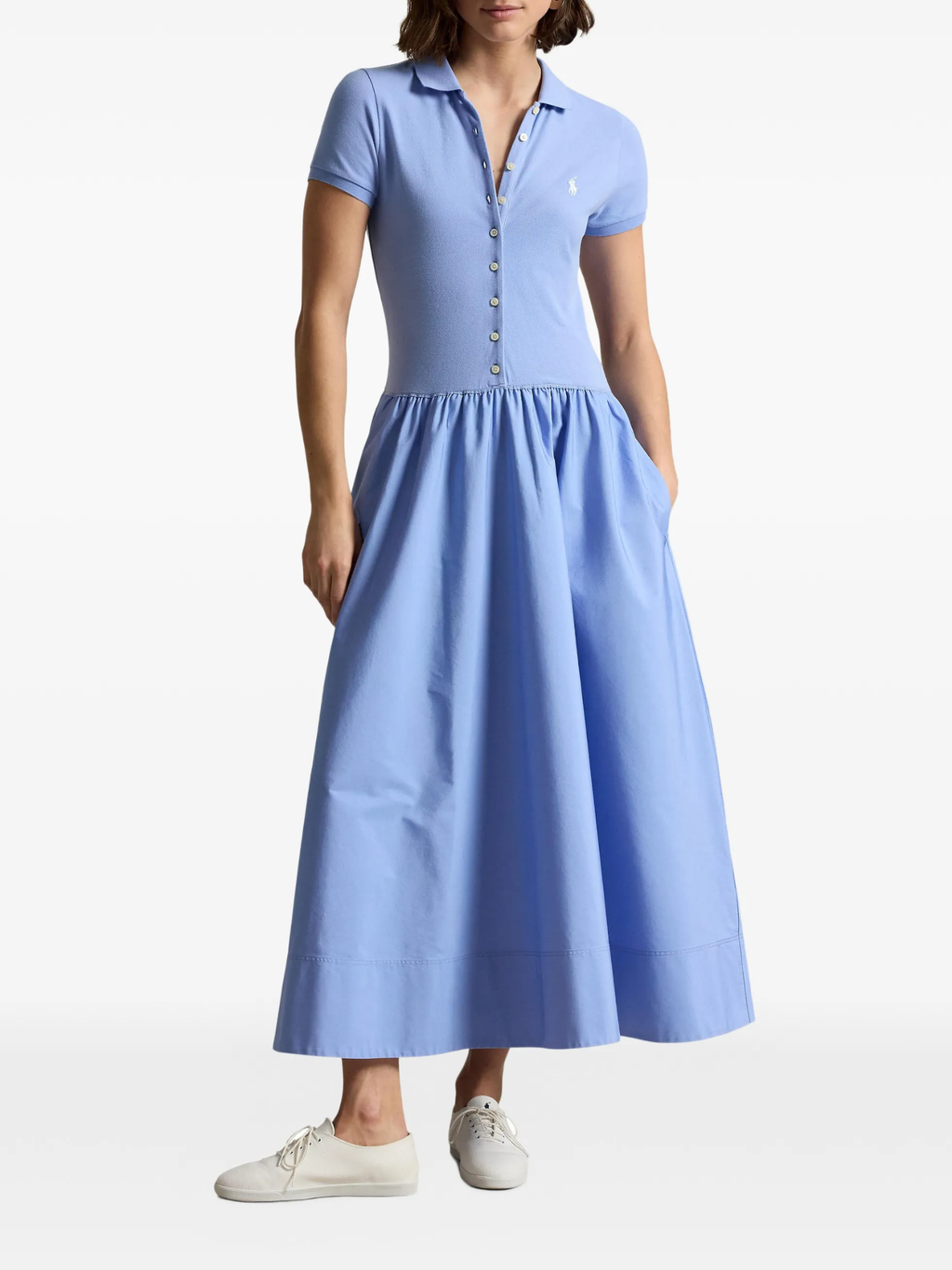 RALPH LAUREN WOMEN Hybrid Mesh Polo-bodice Dress Shirt Blue