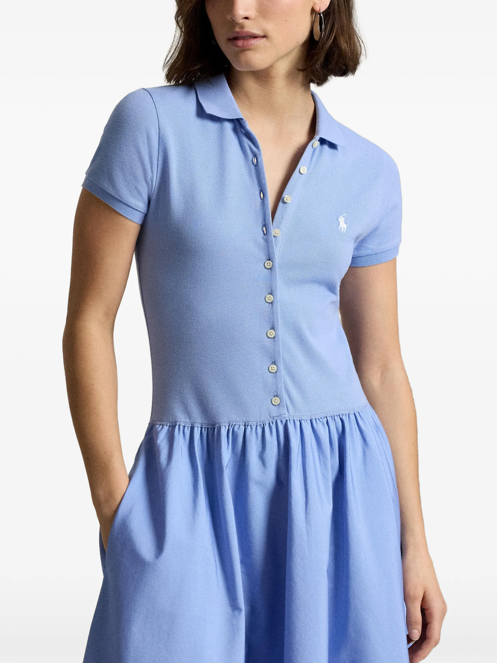 RALPH LAUREN WOMEN Hybrid Mesh Polo-bodice Dress Shirt Blue