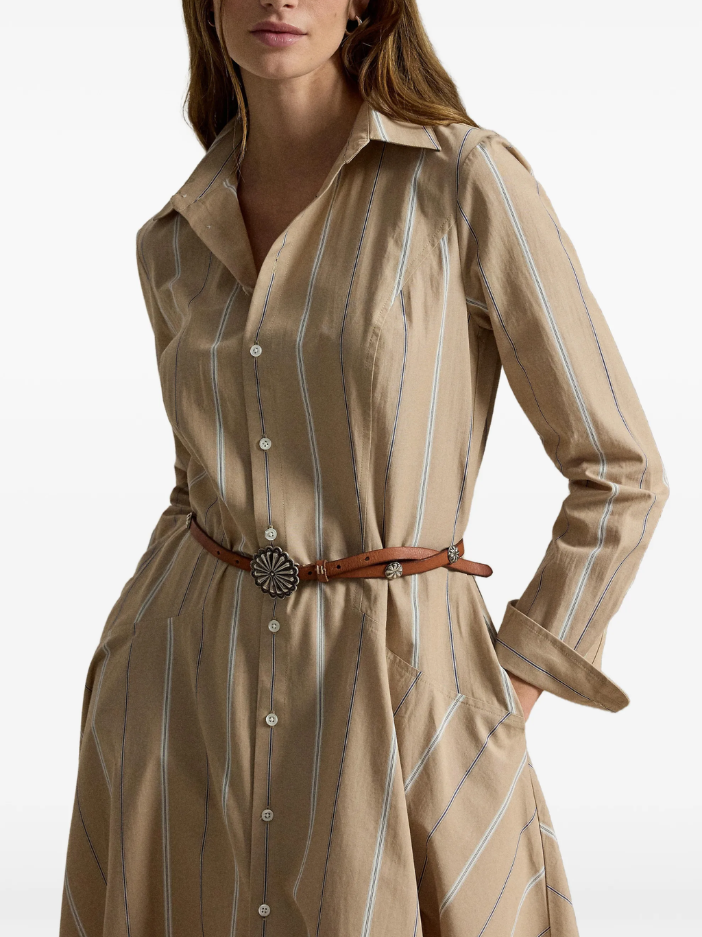 RALPH LAUREN WOMEN Striped Cotton Panelled Shirtdress Tan