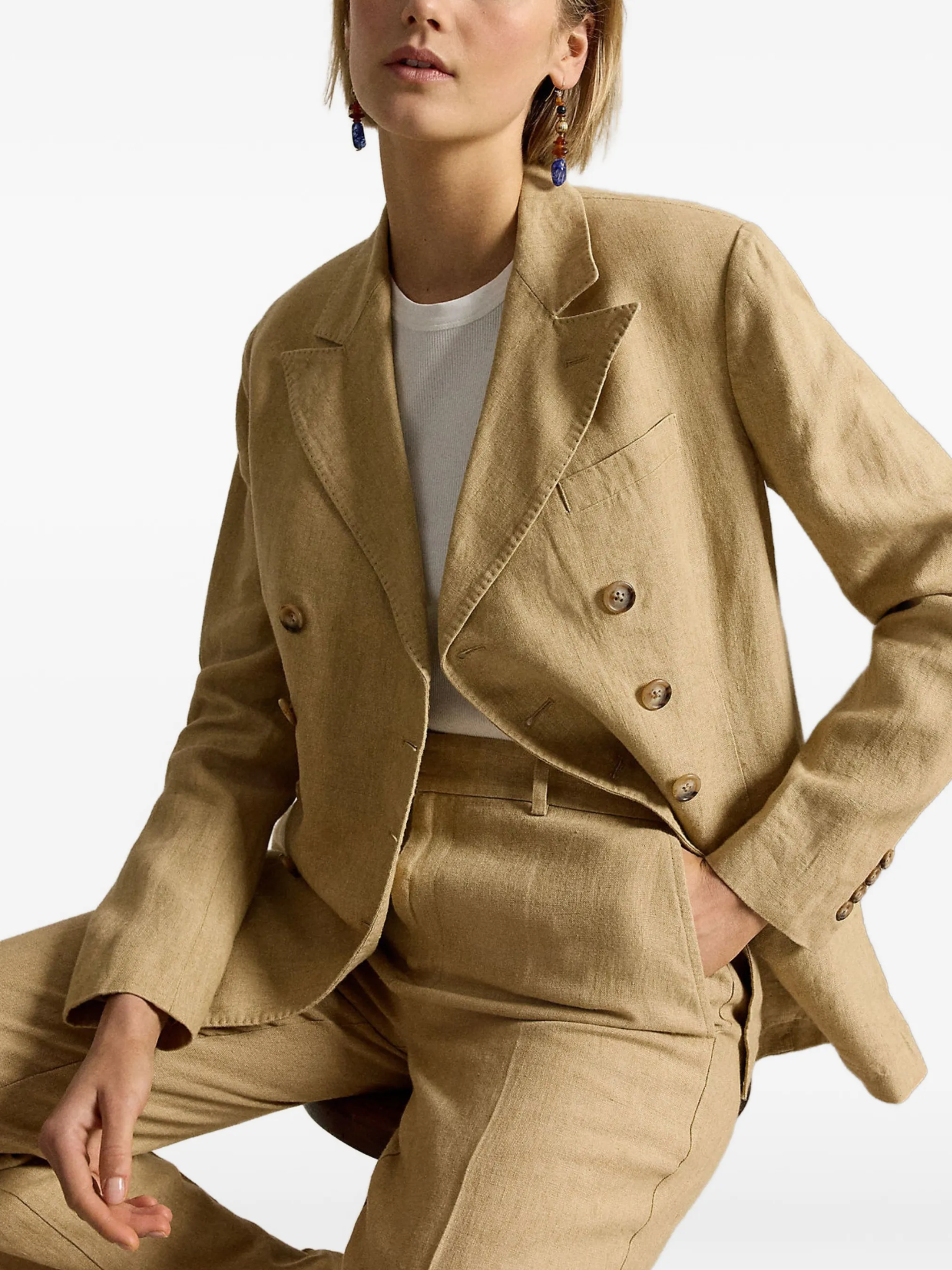 RALPH LAUREN WOMEN Double-breasted Délavé Linen Blazer Classic Camel
