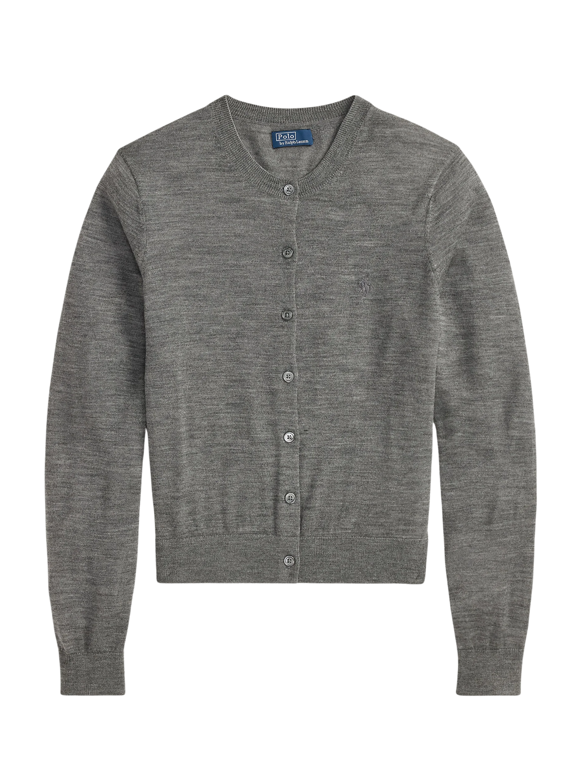 RALPH LAUREN WOMEN Wool Crewneck Cardigan Flannel Heather Grey