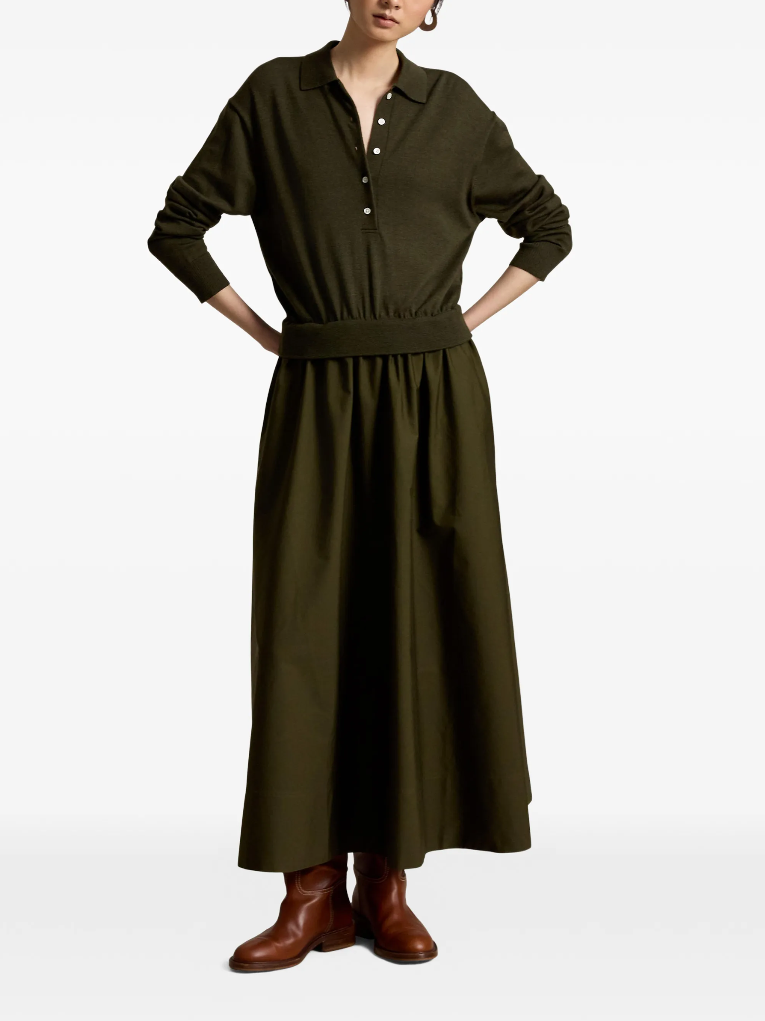 RALPH LAUREN WOMEN Hybrid Knit Polo-Bodice Dress Olive