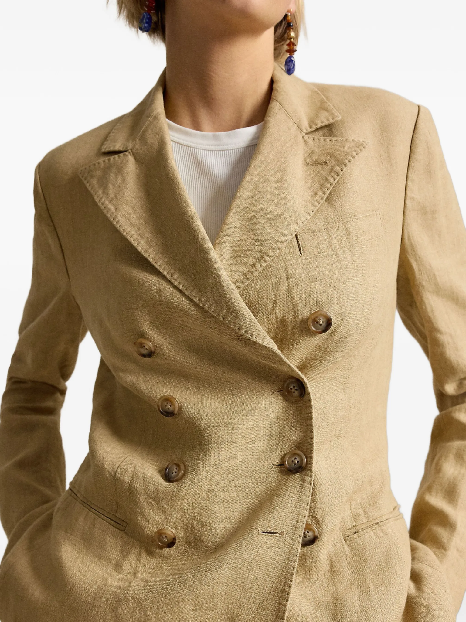 RALPH LAUREN WOMEN Double-breasted Délavé Linen Blazer Classic Camel