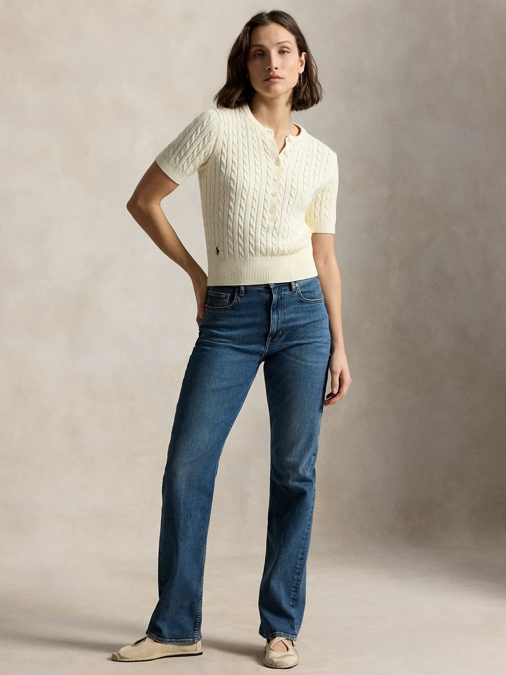 RALPH LAUREN WOMEN Mini-Cable Short-Sleeve Henley Jumper Clubhouse Cream