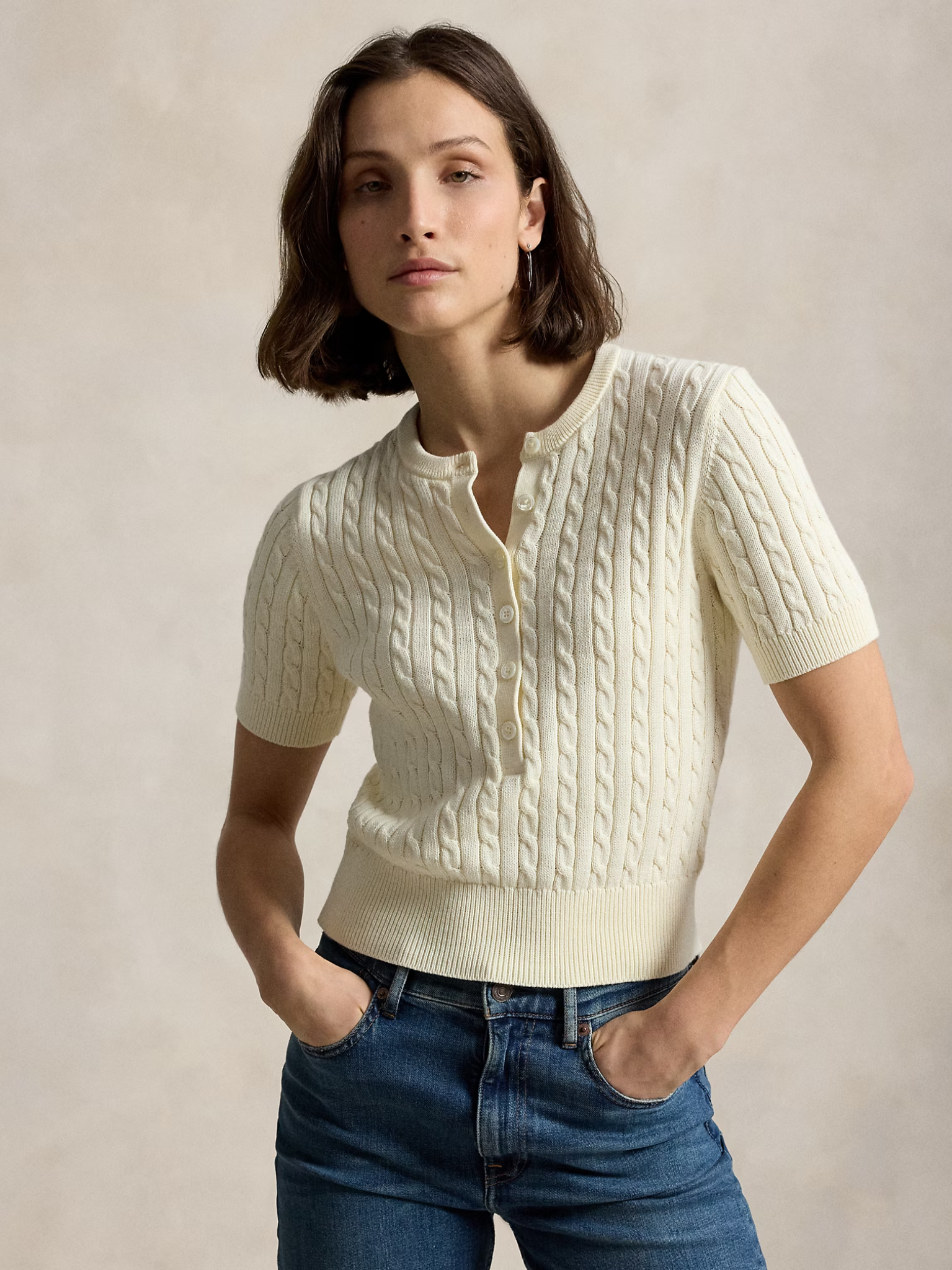 RALPH LAUREN WOMEN Mini-Cable Short-Sleeve Henley Jumper Clubhouse Cream