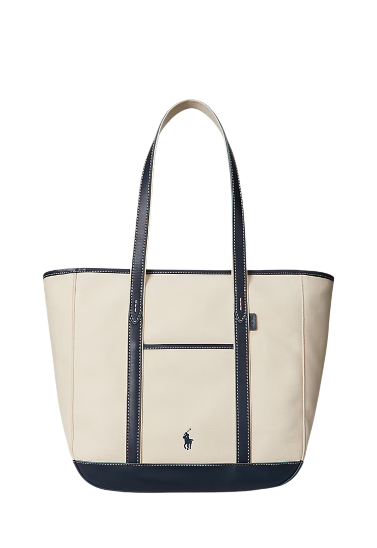 RALPH LAUREN WOMEN Leather-Trim Canvas Medium Shopper Tote Ecru/Navy