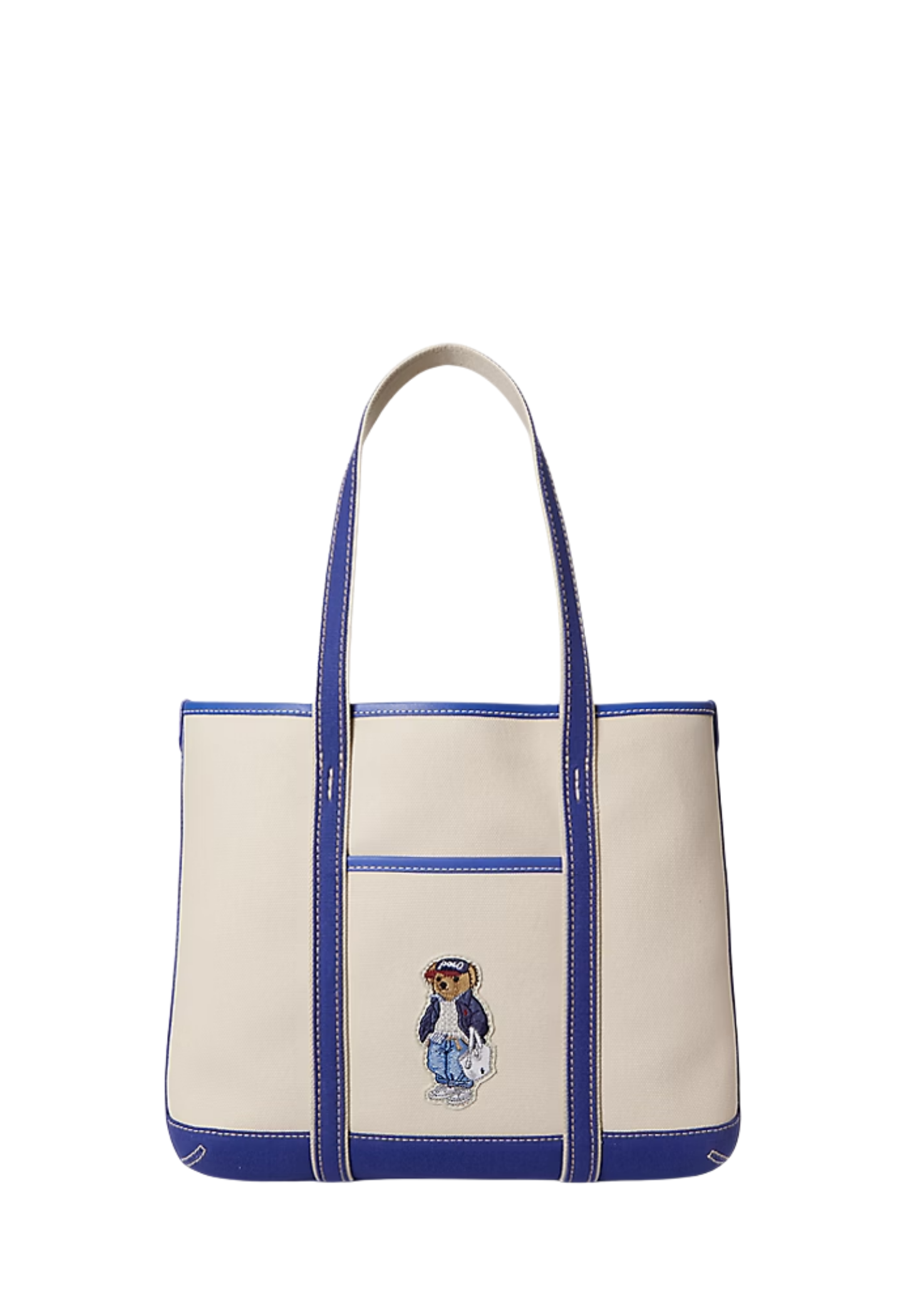 RALPH LAUREN WOMEN Polo Bear Canvas Small Shopper Tote Ecru/Indigo Sky