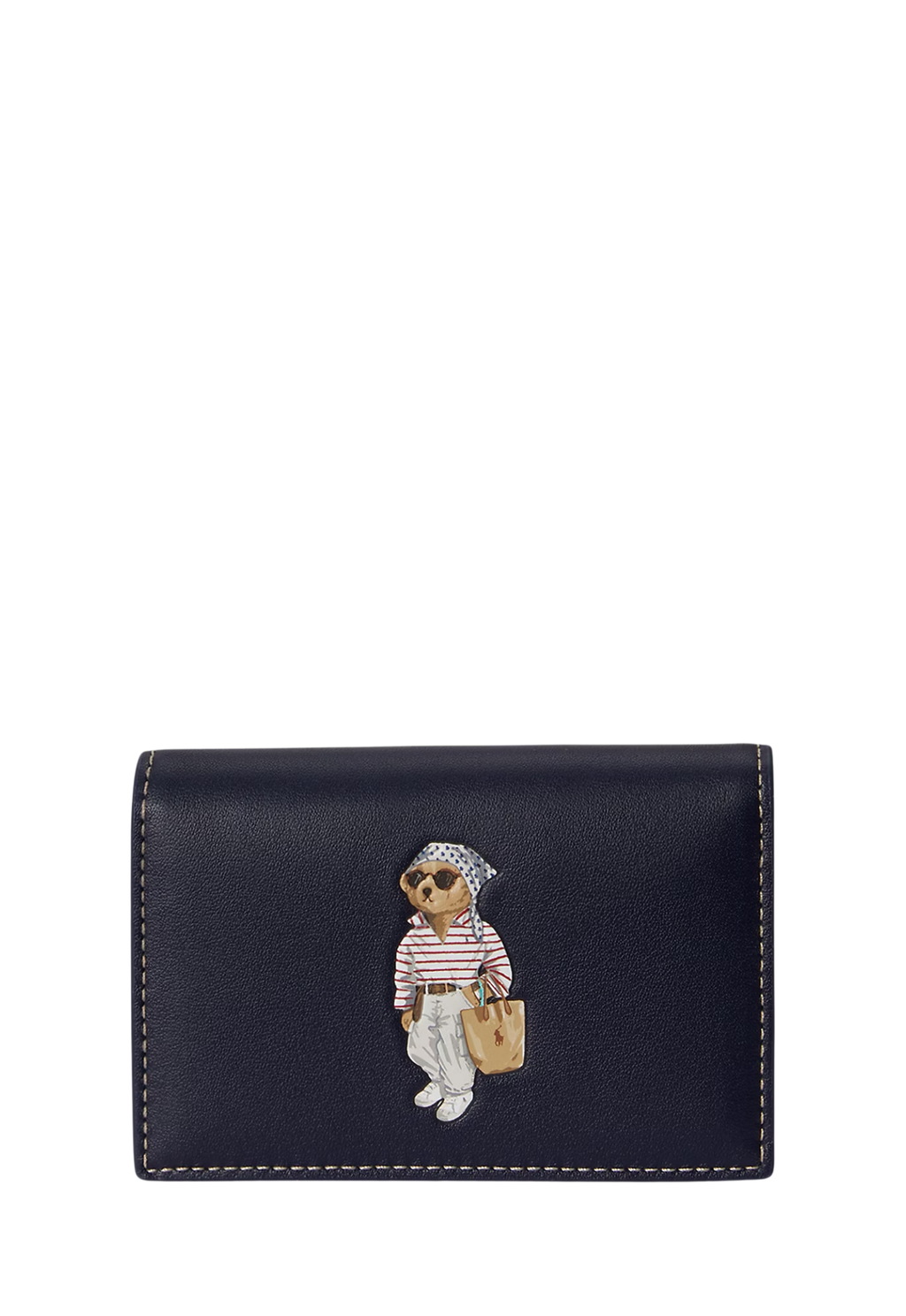 RALPH LAUREN WOMENS Polo Bear Leather Flapped Card Case Newport Navy