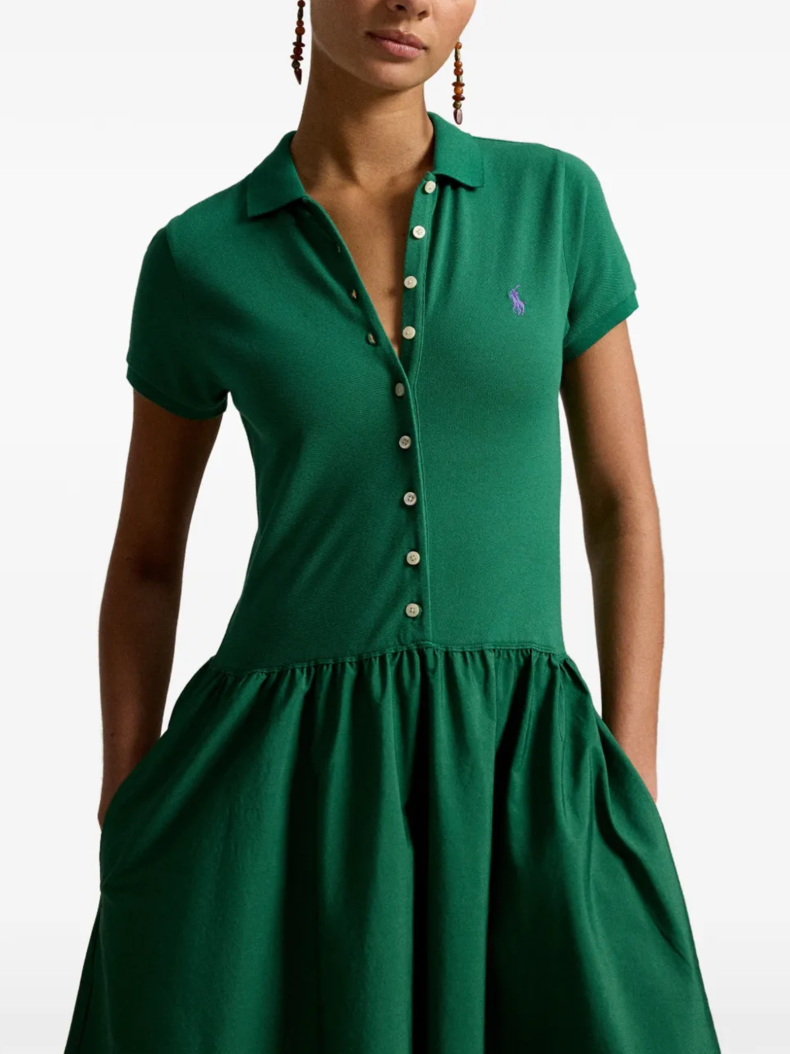 RALPH LAUREN WOMEN Hybrid Mesh Polo-bodice Dress Bush Green