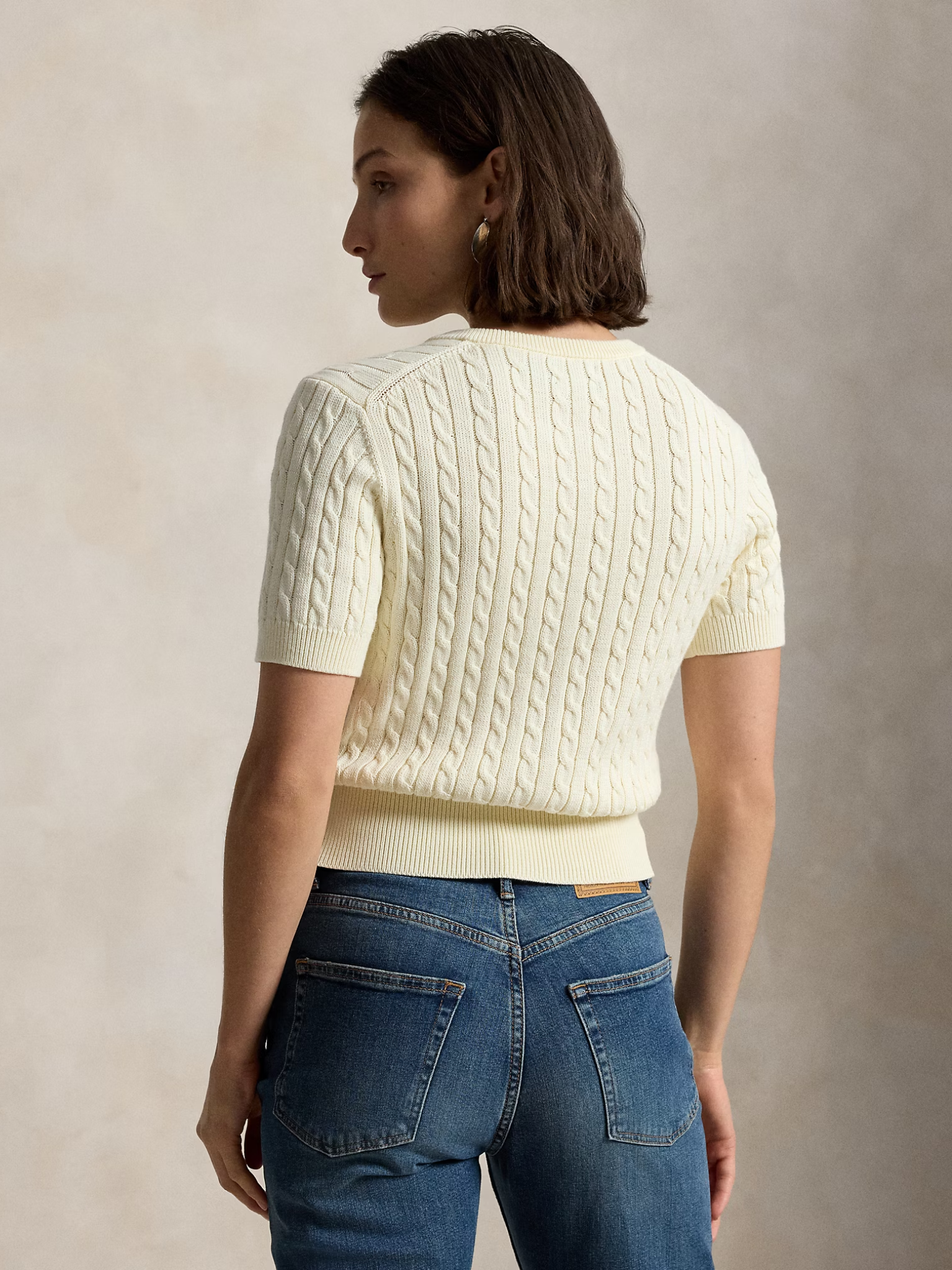 RALPH LAUREN WOMEN Mini-Cable Short-Sleeve Henley Jumper Clubhouse Cream