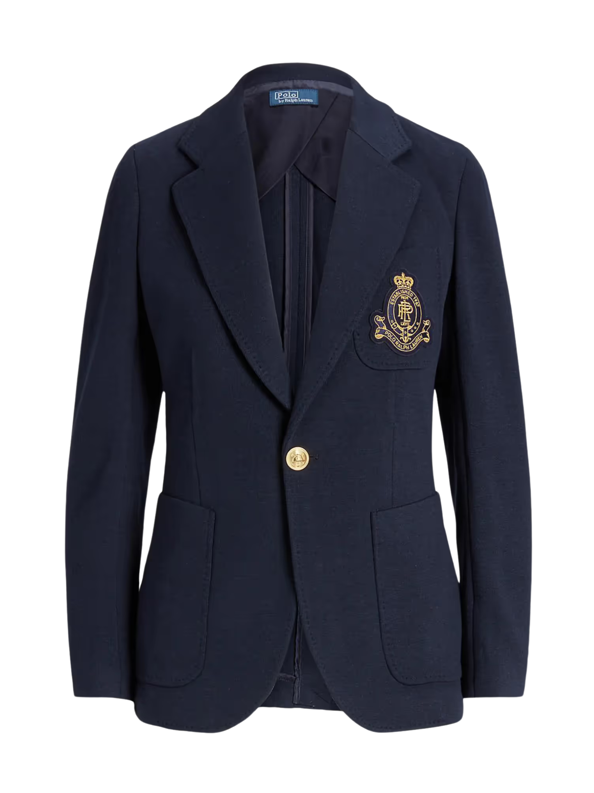 RALPH LAUREN WOMEN Single-breasted Logo-crest Knit Blazer Park Avenue Navy