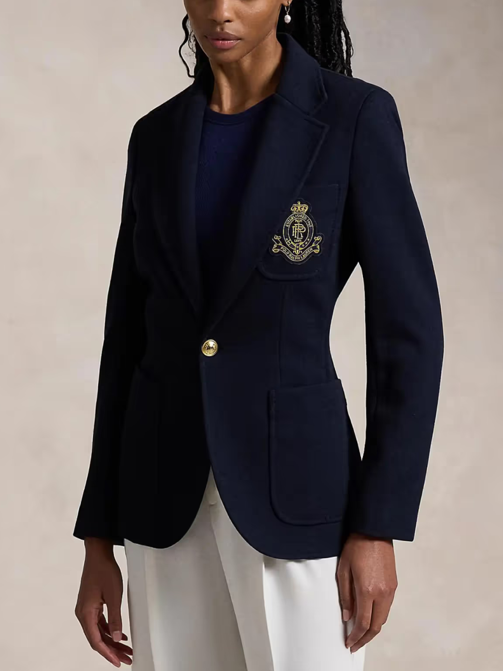 RALPH LAUREN WOMEN Single-breasted Logo-crest Knit Blazer Park Avenue Navy