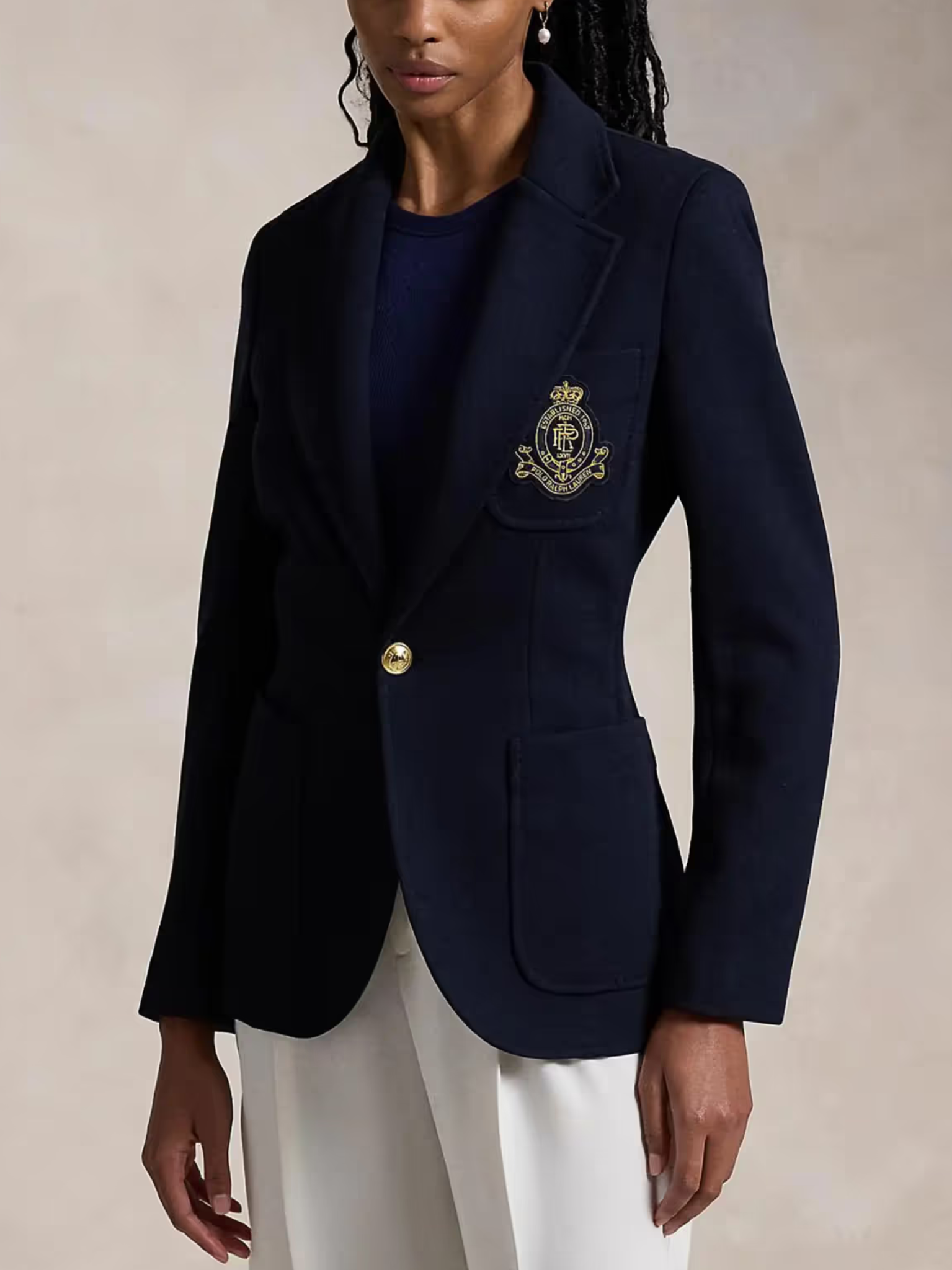 RALPH LAUREN WOMEN Single-breasted Logo-crest Knit Blazer Park Avenue Navy