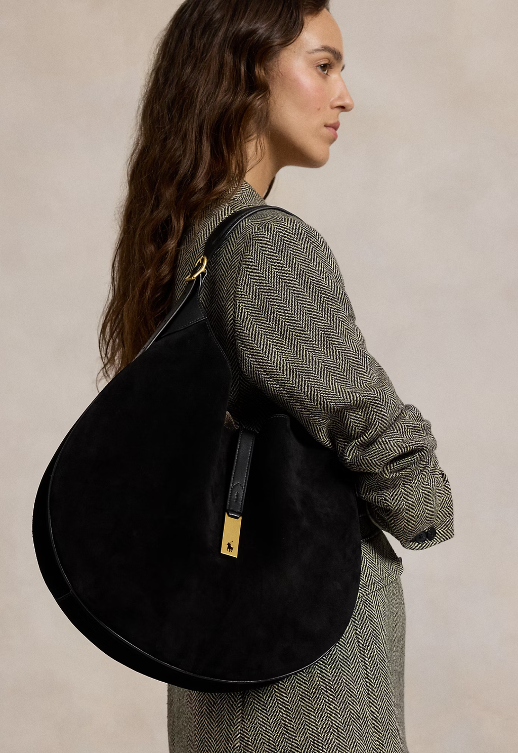 RALPH LAUREN WOMEN Polo ID Suede Large Shoulder Bag Black