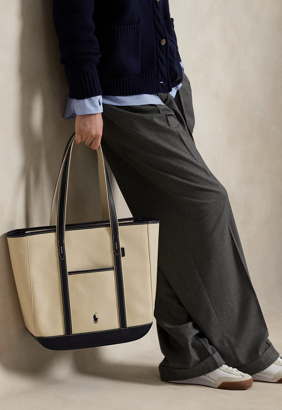 RALPH LAUREN WOMEN Leather-Trim Canvas Medium Shopper Tote Ecru/Navy
