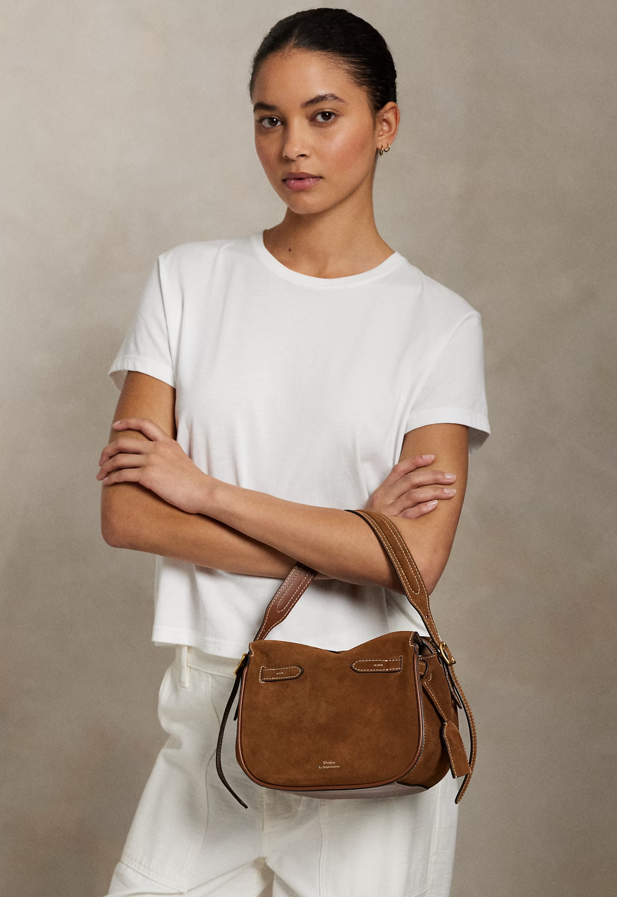 RALPH LAUREN WOMEN Polo ID Suede Mini Satchel Cinnamon/Cuoio
