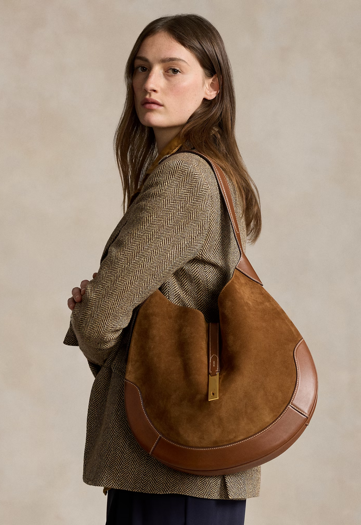 RALPH LAUREN WOMEN Large Suede Polo ID Shoulder Bag Cinnamon/Cuoio
