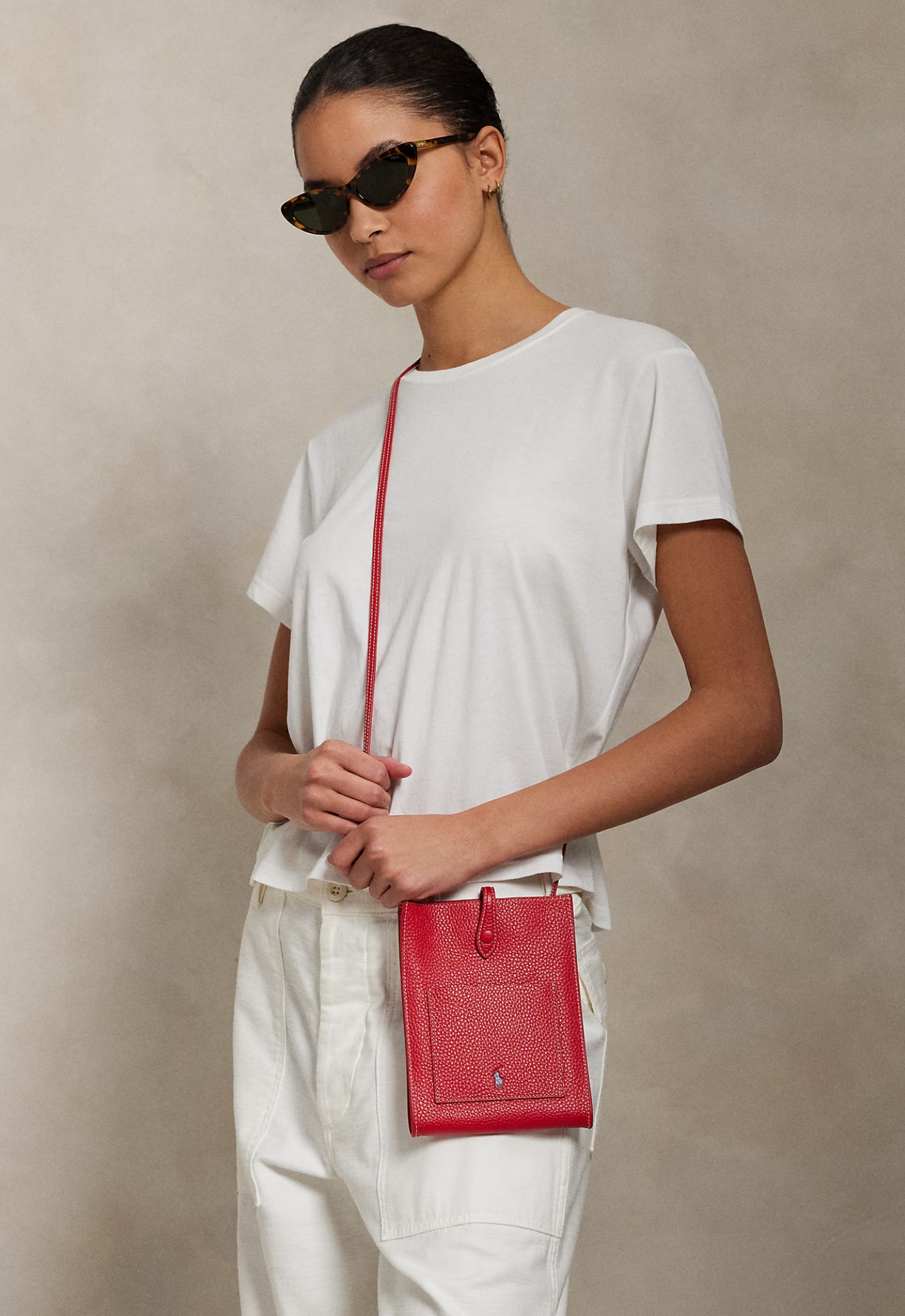 RALPH LAUREN WOMENS Polo Play Leather Pocket Crossbody Cherry