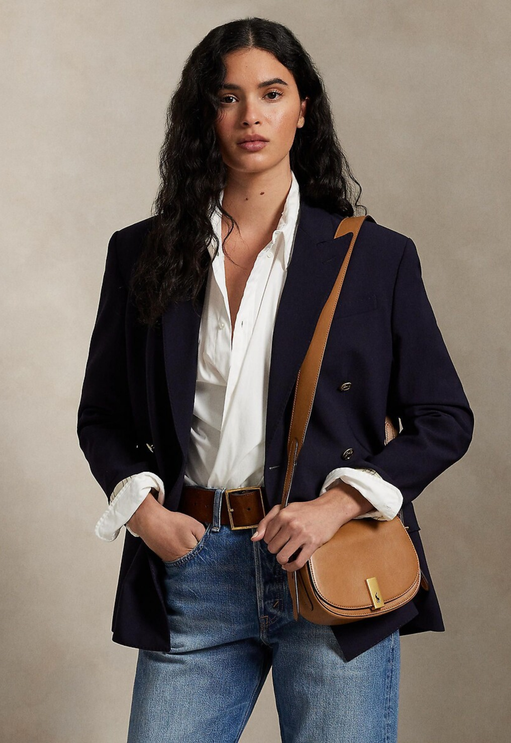 RALPH LAUREN WOMEN Polo ID Calfskin Mini Saddle Bag Tan