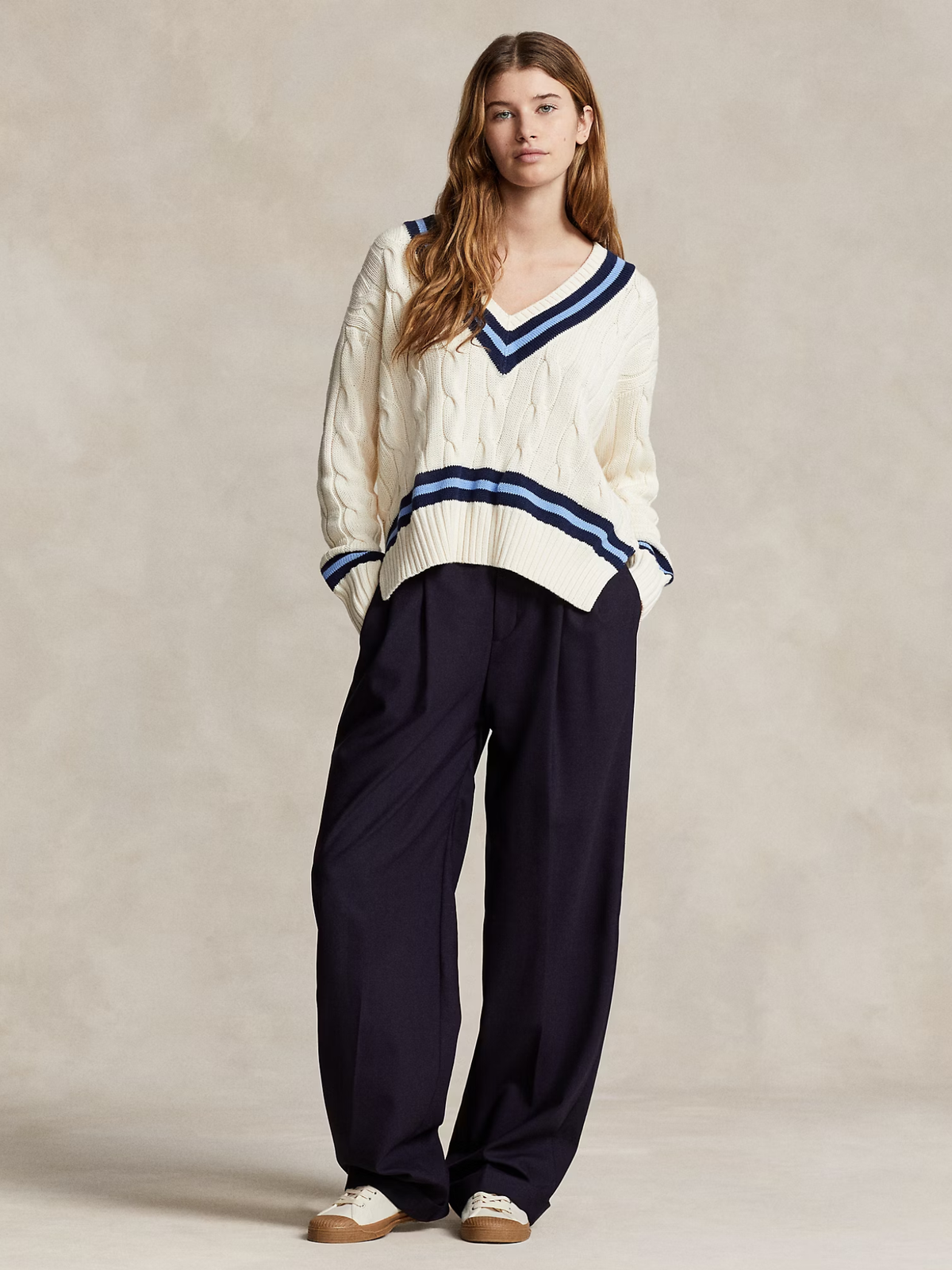 RALPH LAUREN WOMEN The Iconic Cricket Jumper Cream/Navy Stripe