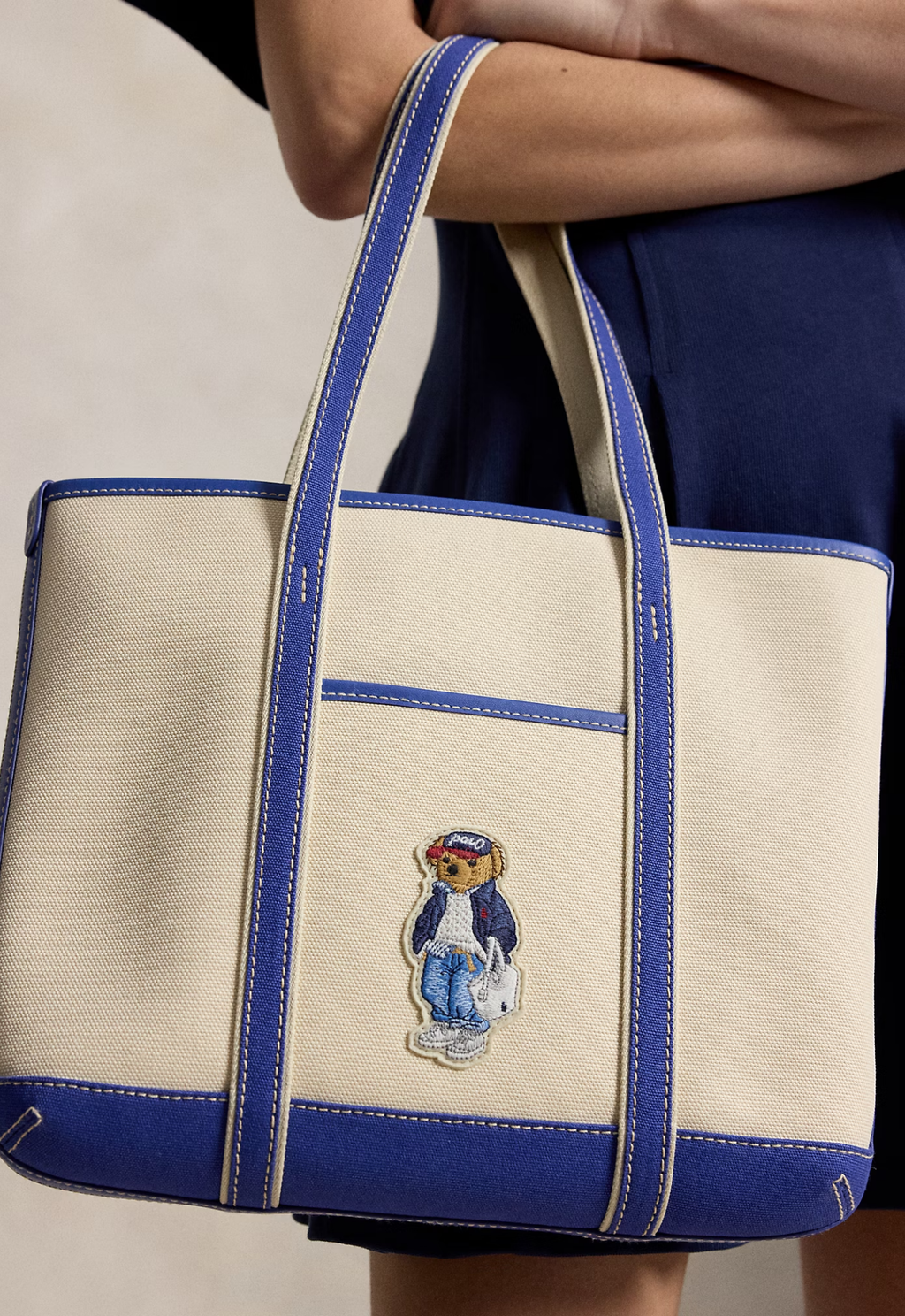 RALPH LAUREN WOMEN Polo Bear Canvas Small Shopper Tote Ecru/Indigo Sky