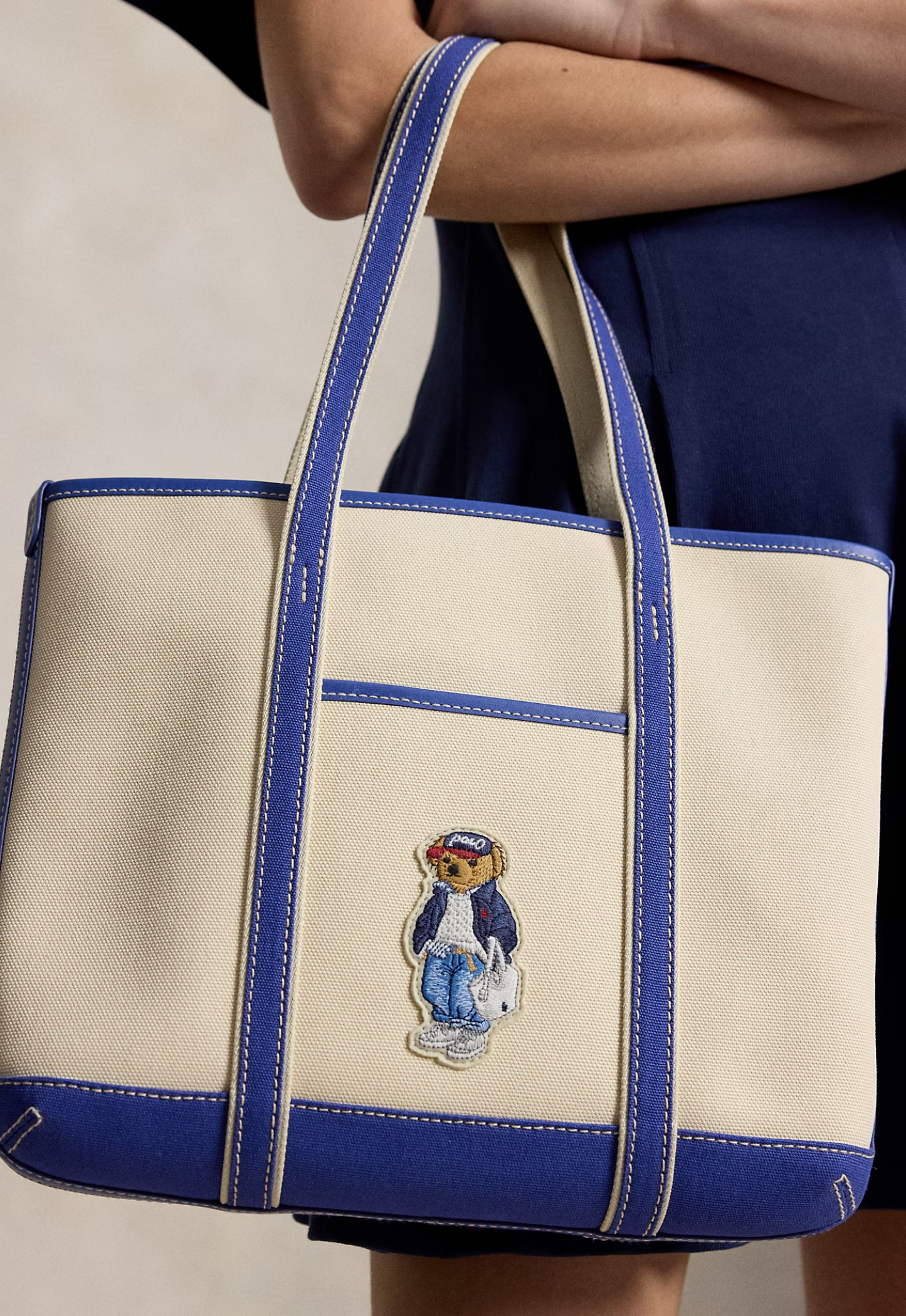 RALPH LAUREN WOMEN Polo Bear Canvas Small Shopper Tote Ecru/Indigo Sky