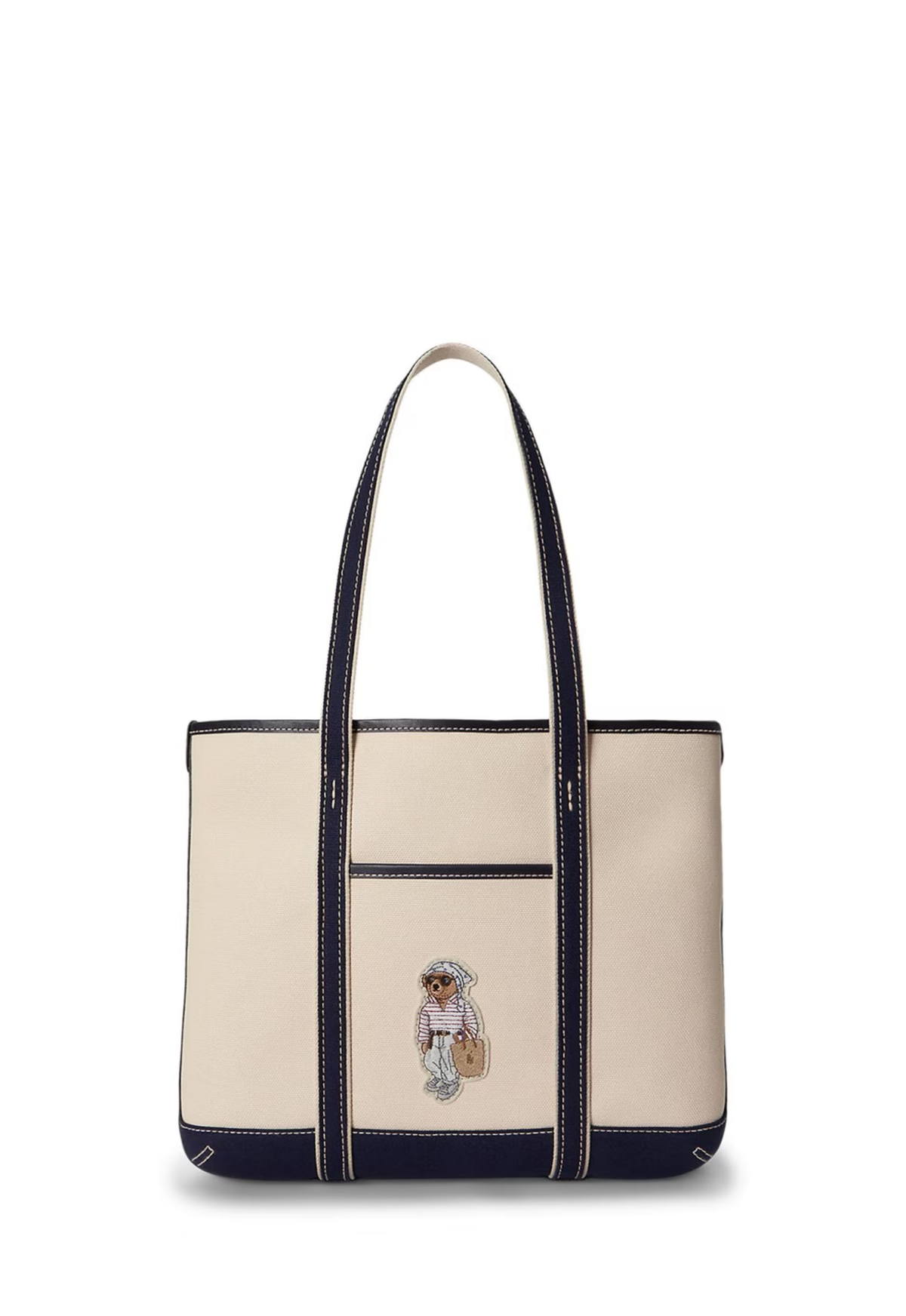 RALPH LAUREN WOMEN Polo Bear Canvas Small Shopper Tote Ecru/Newport Navy