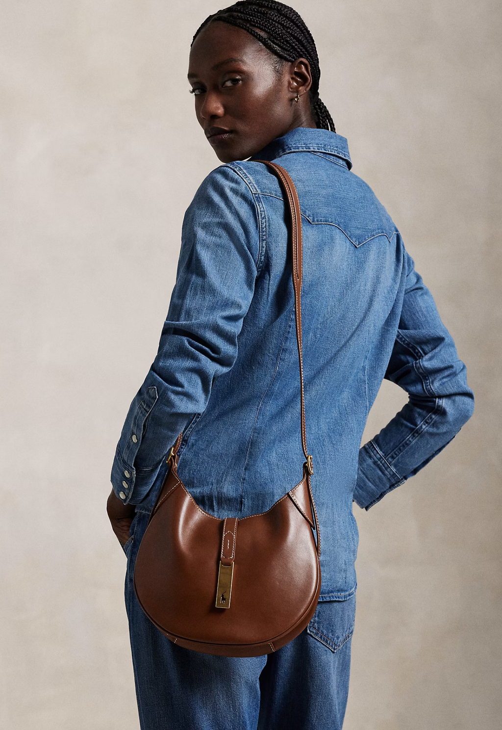 RALPH LAUREN WOMEN Polo ID Leather Small Shoulder Bag Cuoio