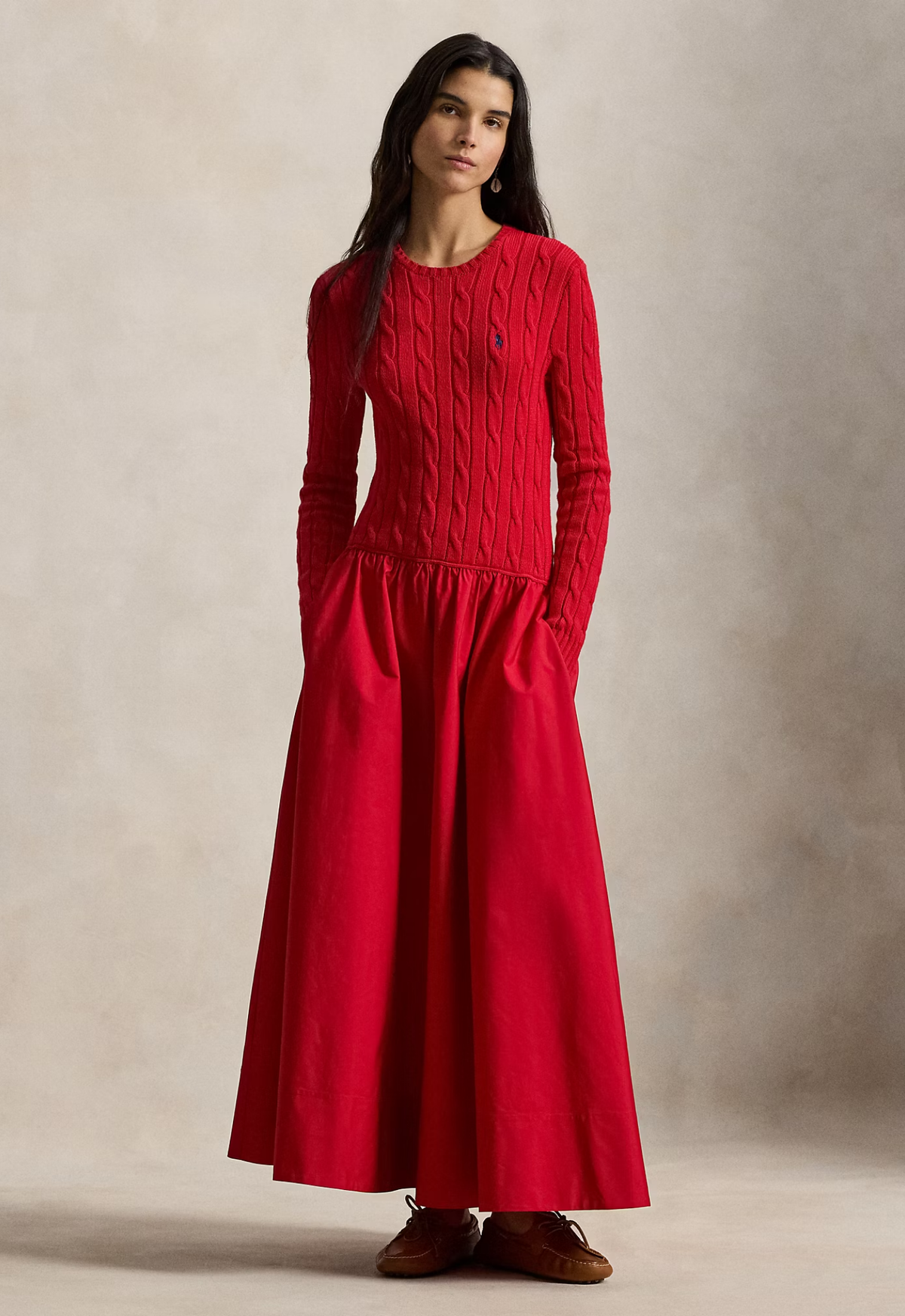 RALPH LAUREN WOMENS Cable-Knit Bodice Cotton Dress Red