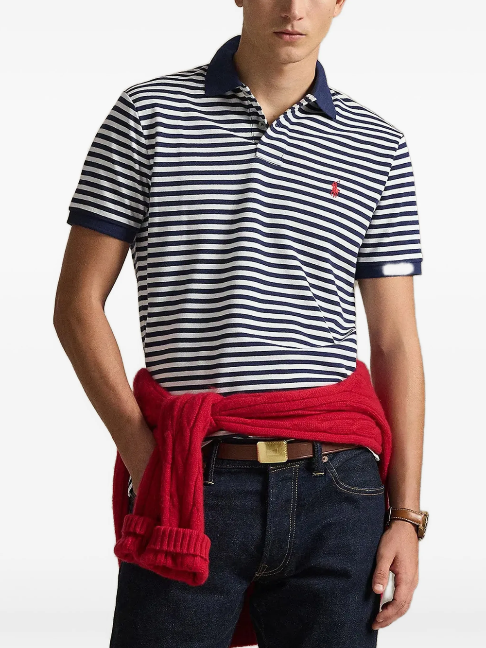 RALPH LAUREN Custom Slim Fit Striped Mesh Polo Shirt Newport Navy/White