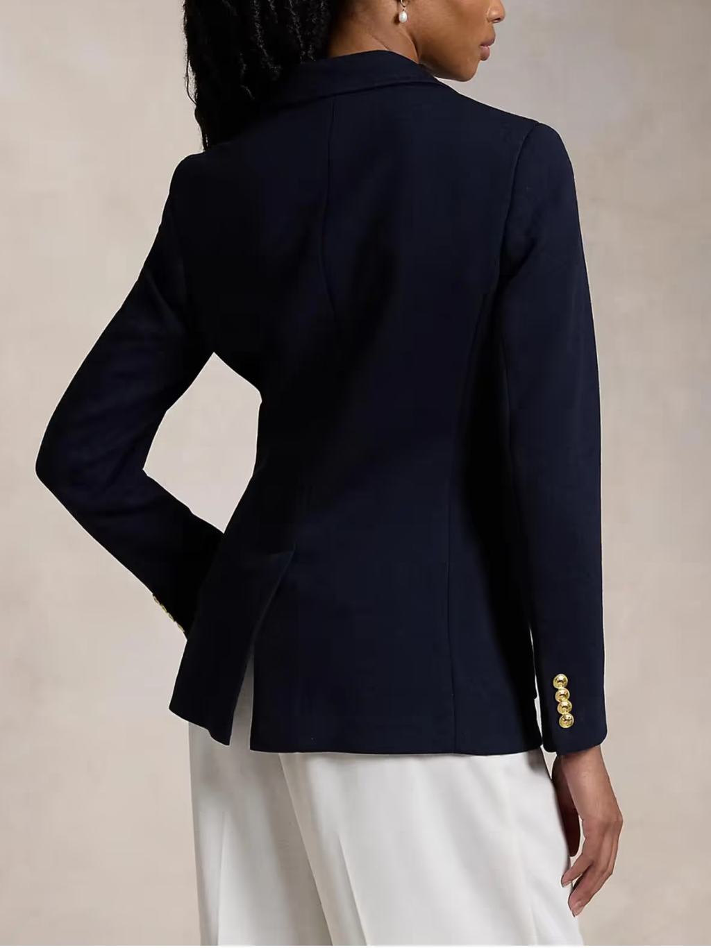 RALPH LAUREN WOMEN Single-breasted Logo-crest Knit Blazer Park Avenue Navy