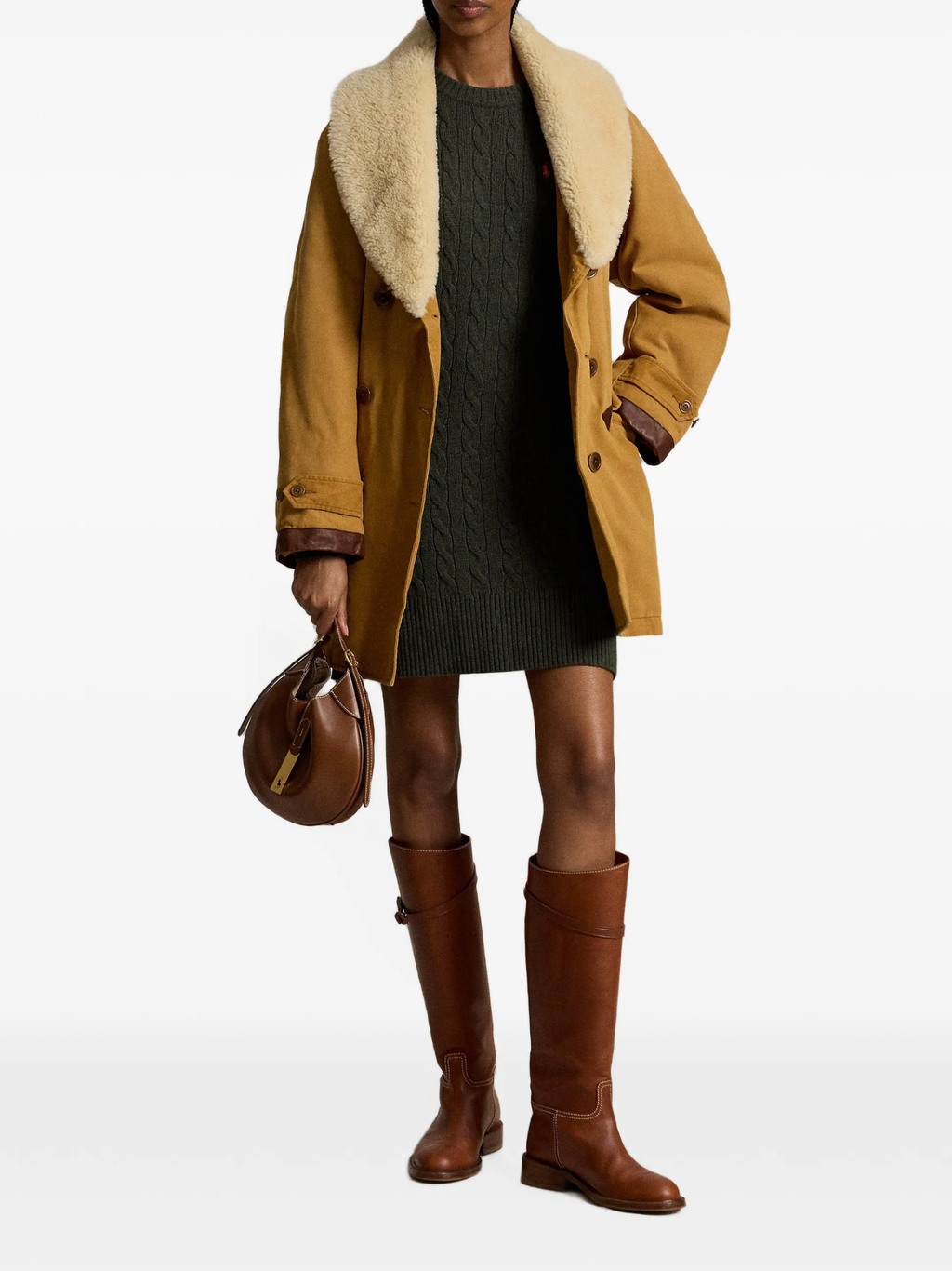 RALPH LAUREN WOMEN Cable-knit Wool-Cashmere Dress Olive Umber Heather