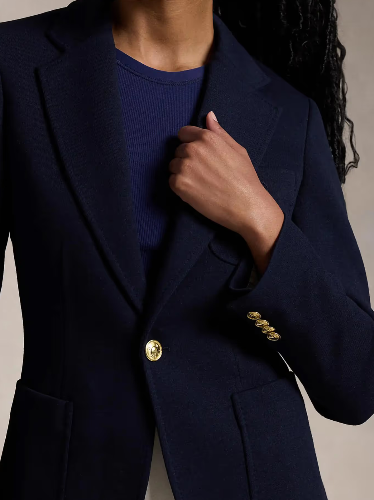 RALPH LAUREN WOMEN Single-breasted Logo-crest Knit Blazer Park Avenue Navy