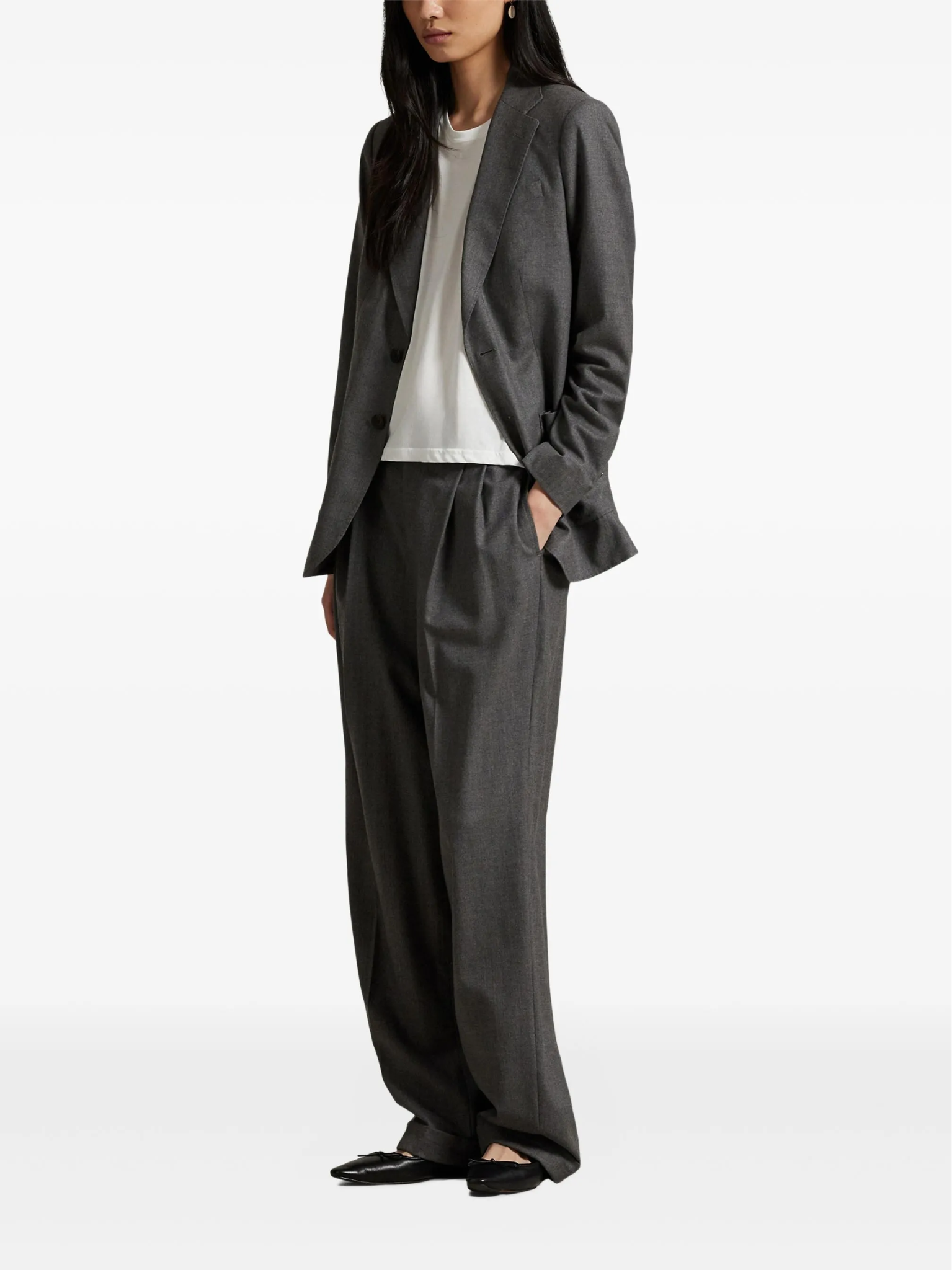 RALPH LAUREN WOMEN Single-breasted Doeskin Wool Blazer Med Grey Melange