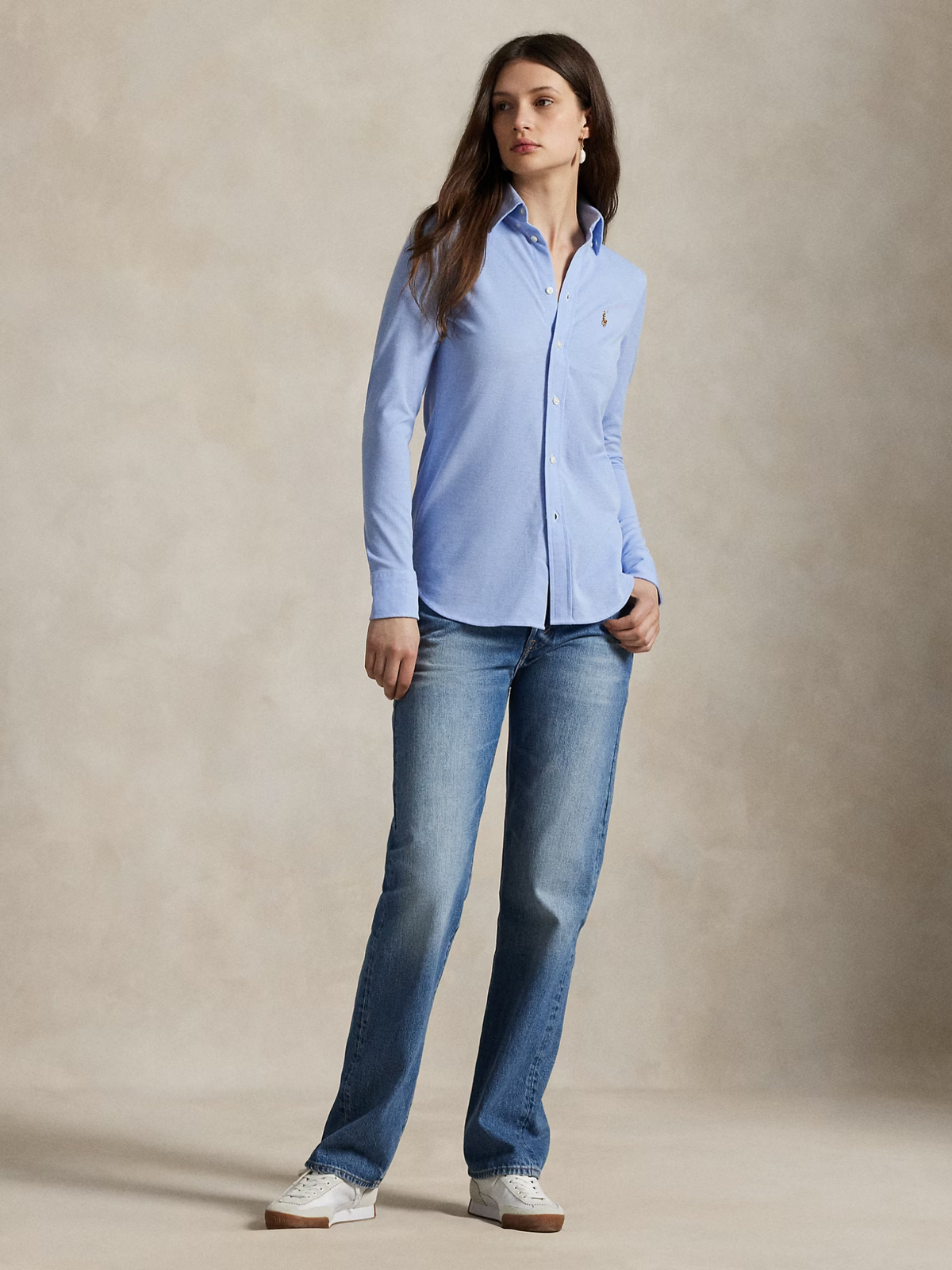 RALPH LAUREN WOMEN Slim Fit Knit Cotton Oxford Shirt Blue