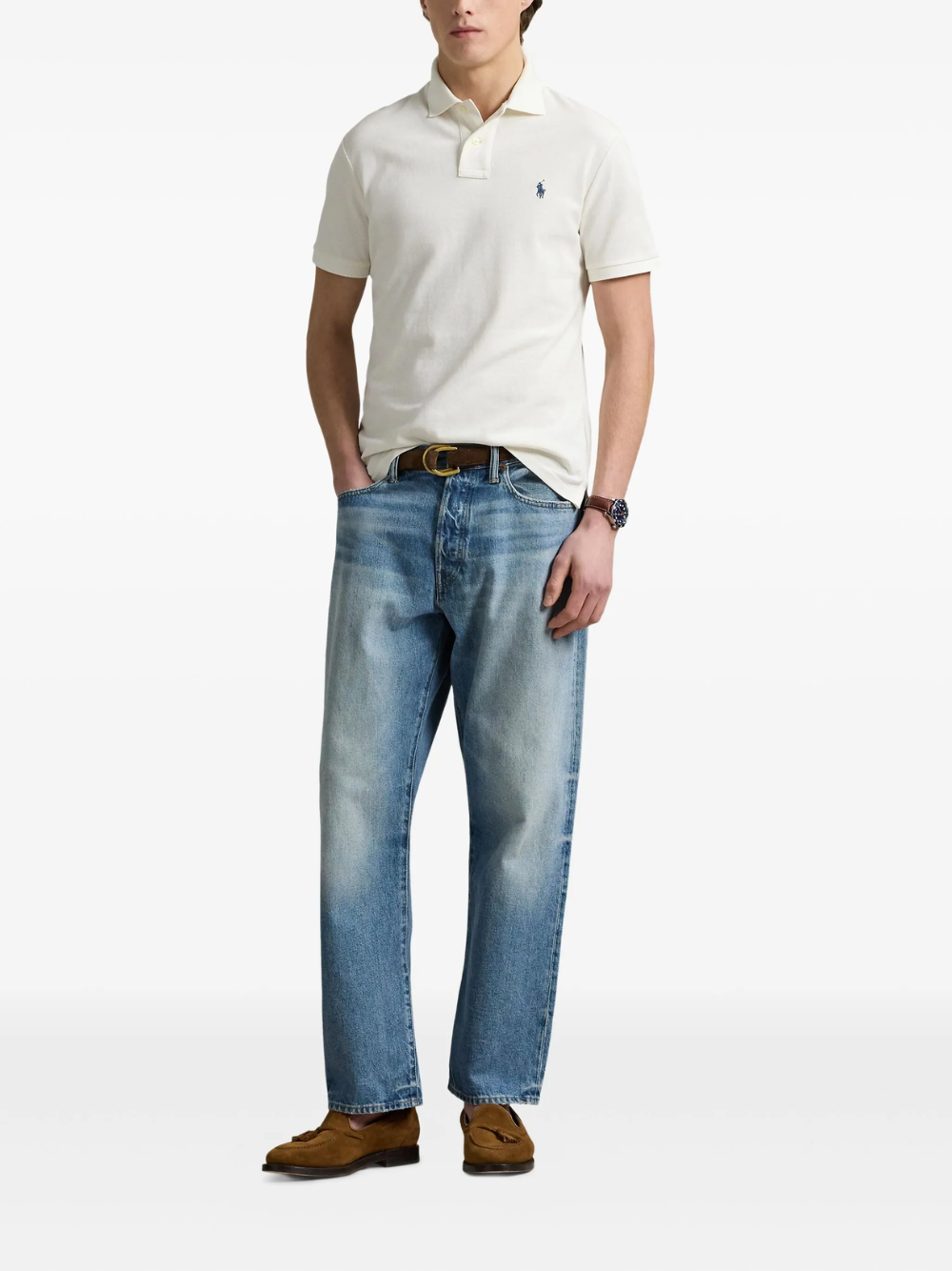 RALPH LAUREN Slim Fit Mesh Polo Shirt Pale Cream