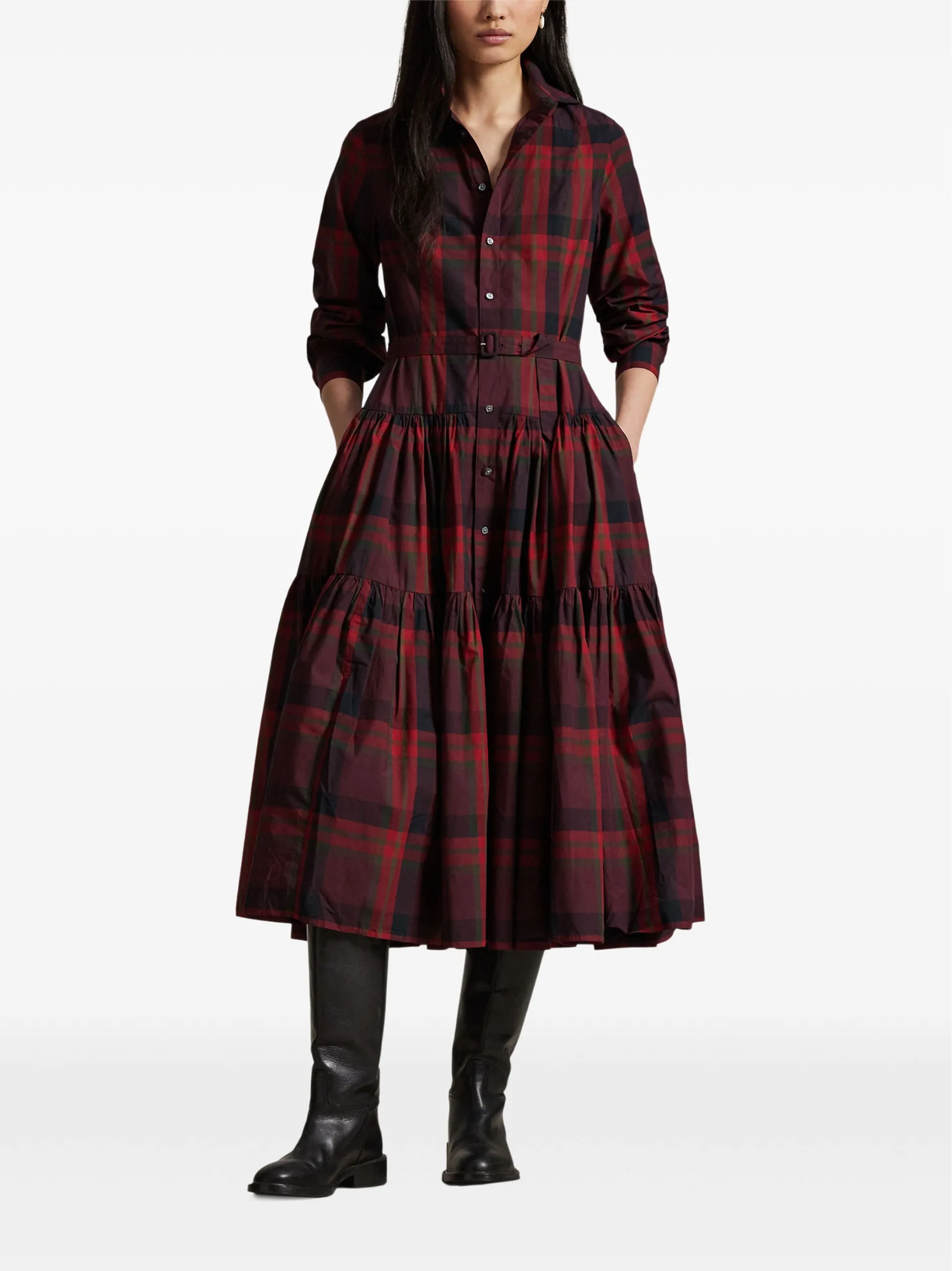 RALPH LAUREN WOMEN Plaid Tiered Shirtdress Red