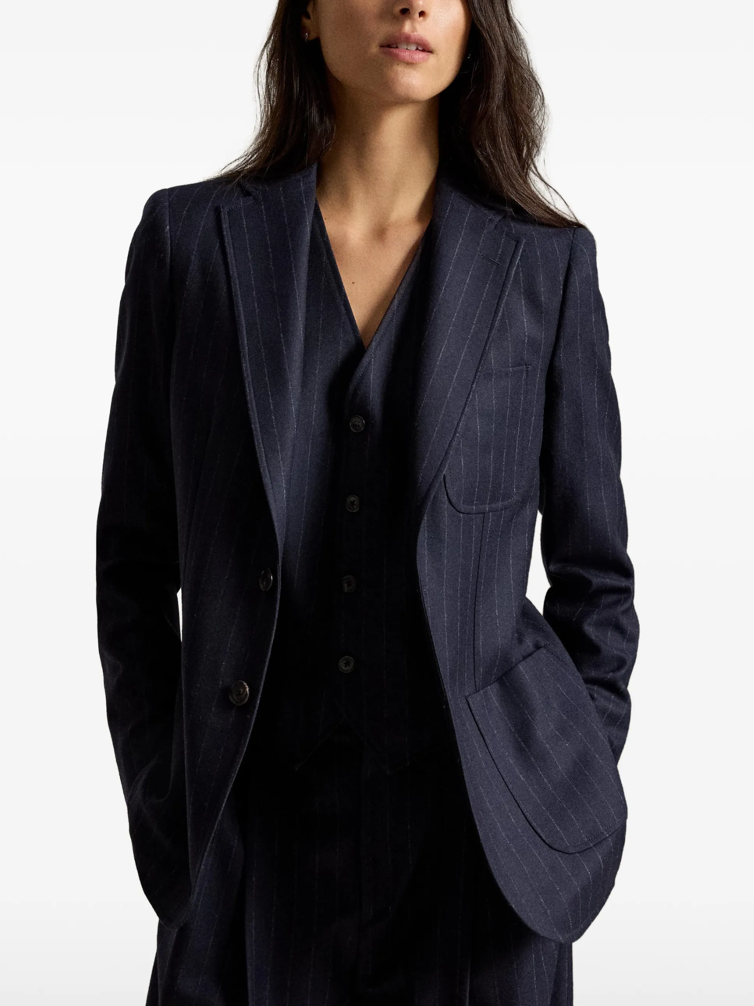 RALPH LAUREN WOMEN Single-breasted Pinstripe Wool Blazer Navy/Chalk Stripe