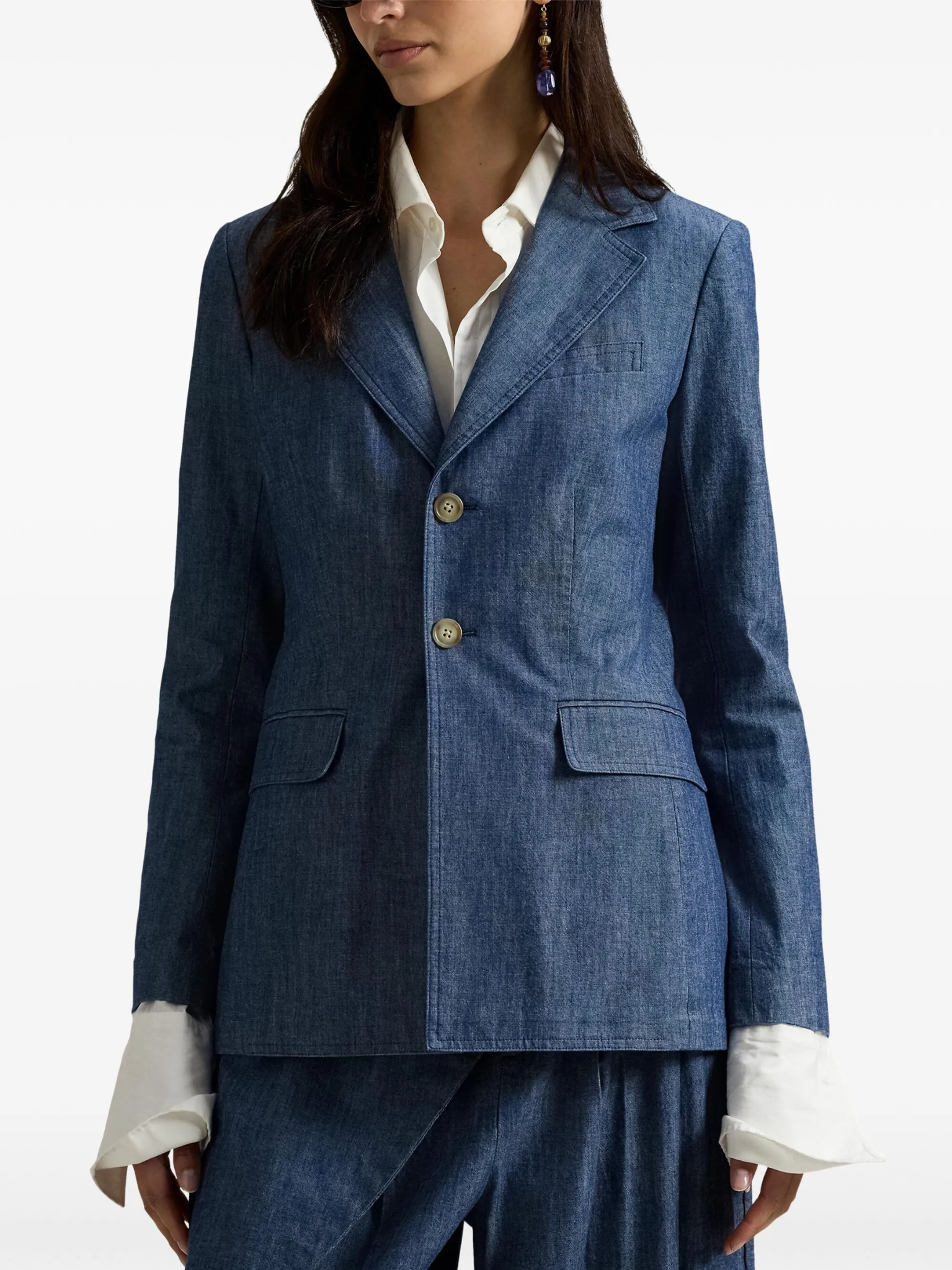 RALPH LAUREN WOMEN Single-breasted Chambray Blazer Blue