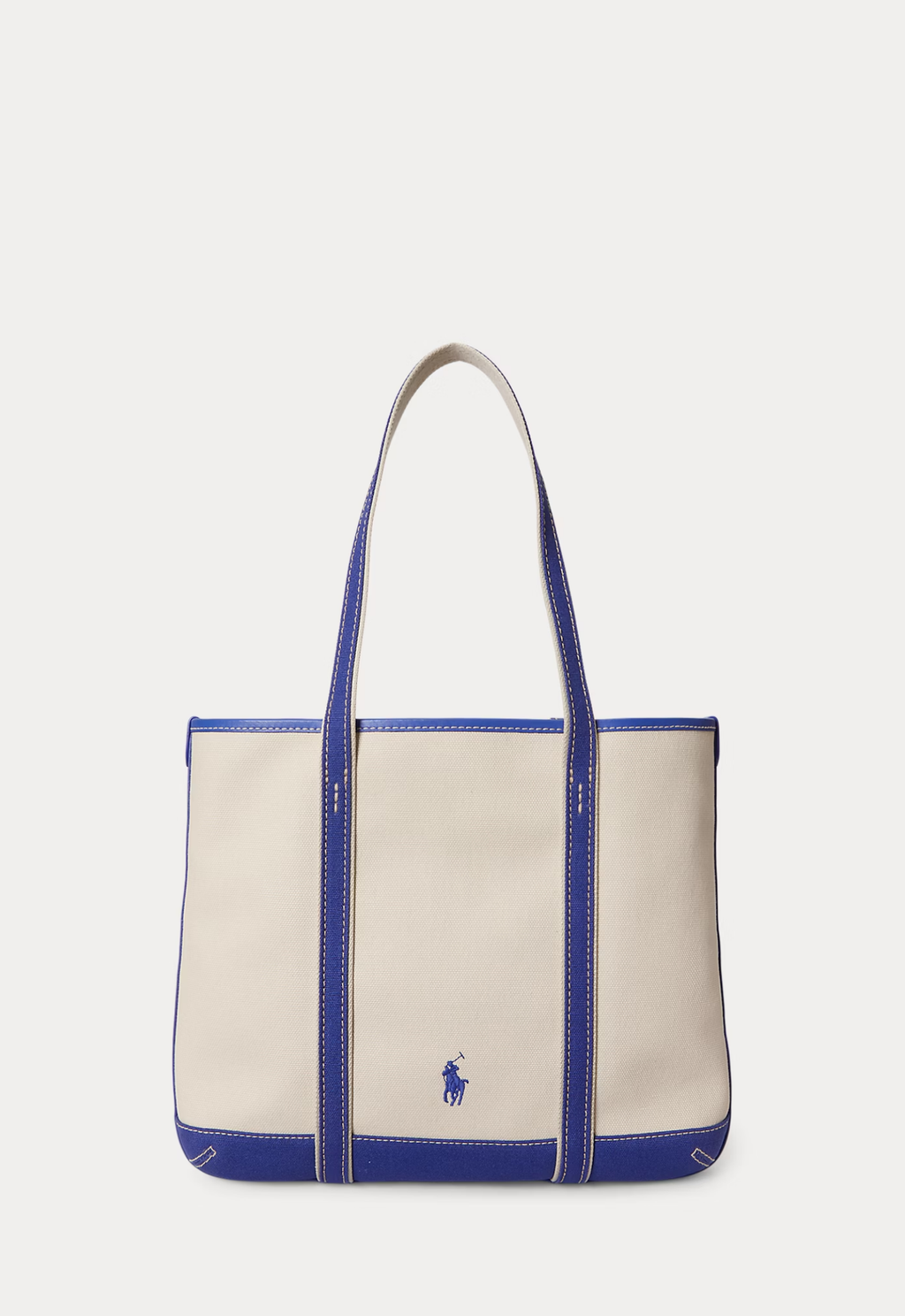 RALPH LAUREN WOMEN Polo Bear Canvas Small Shopper Tote Ecru/Indigo Sky