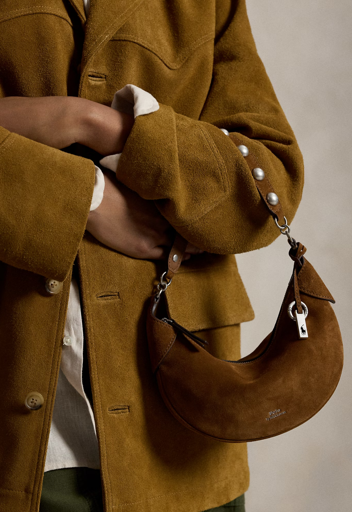 RALPH LAUREN WOMEN Polo ID Suede Mini Studded Bag Cinnamon