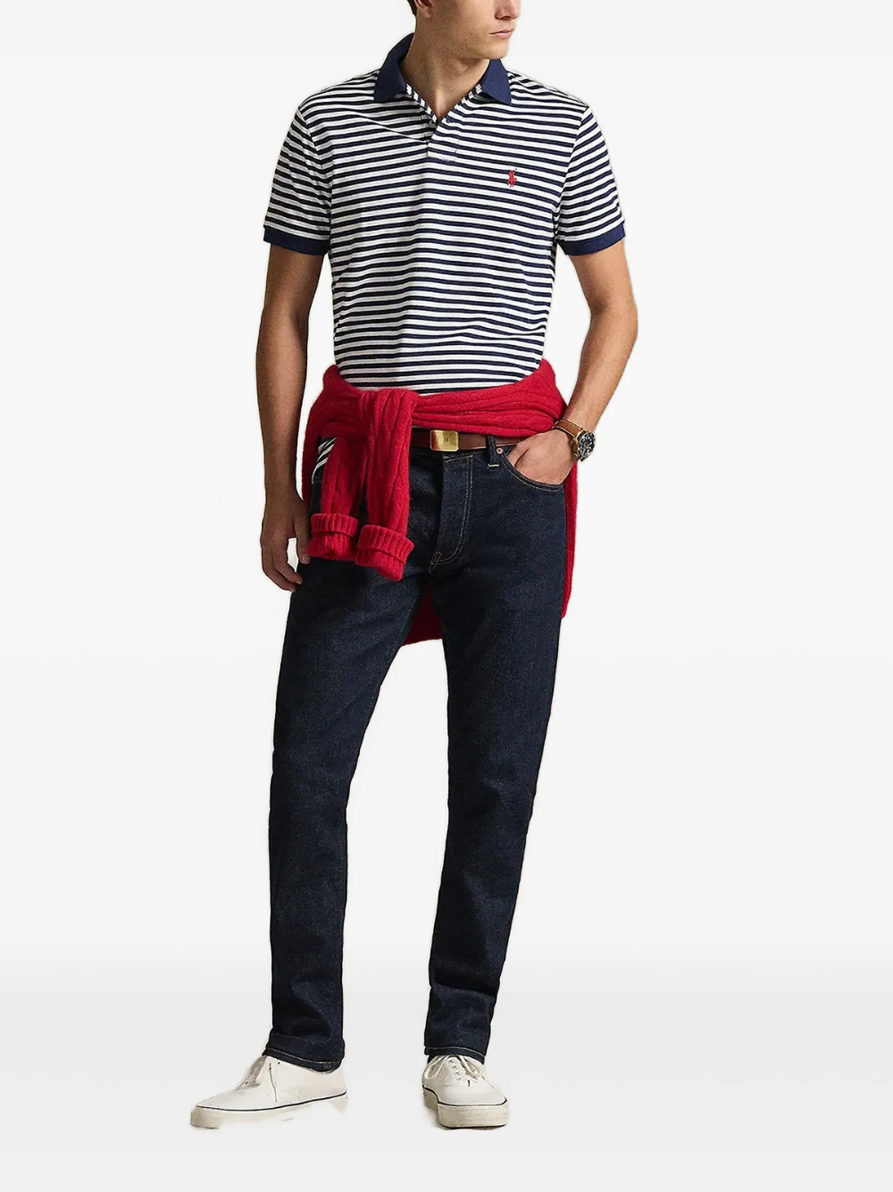RALPH LAUREN Custom Slim Fit Striped Mesh Polo Shirt Newport Navy/White