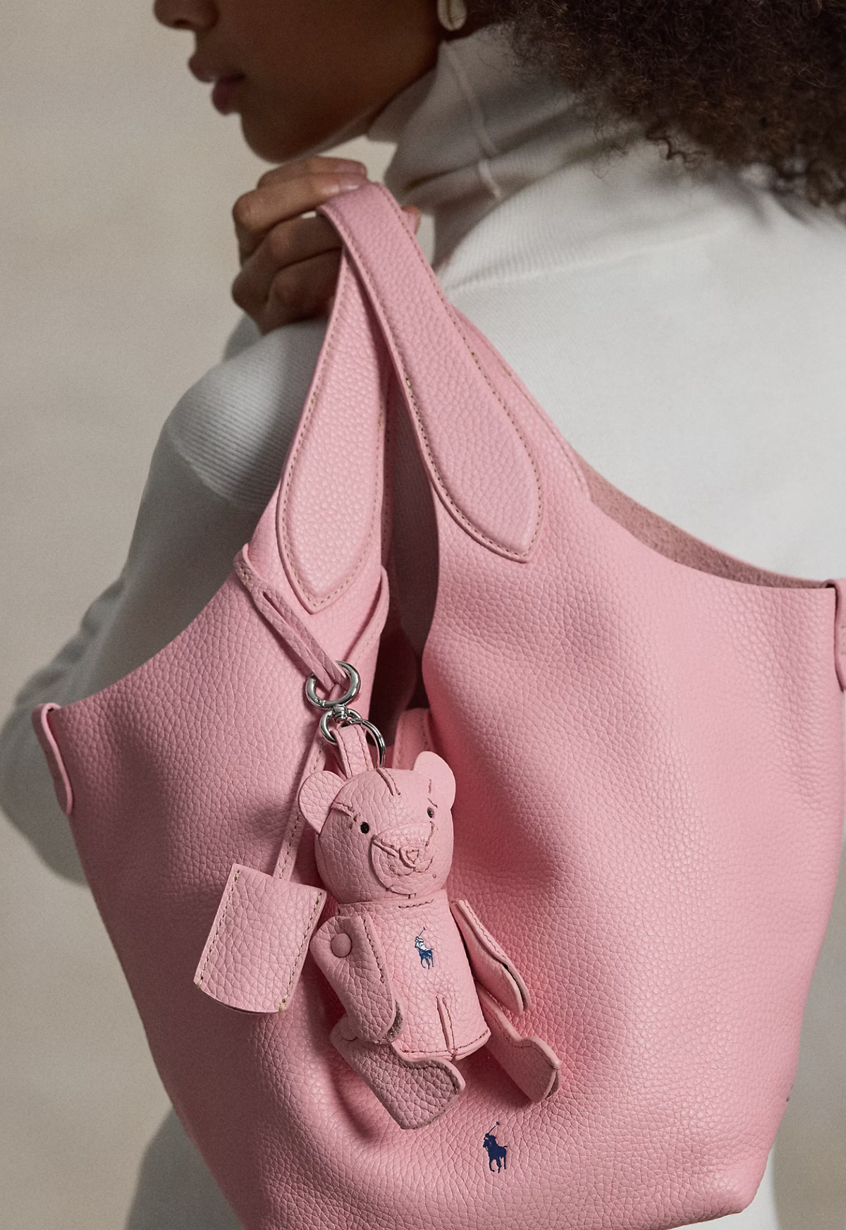 RALPH LAUREN WOMEN Polo Bear Leather Bag Charm Cotton Candy