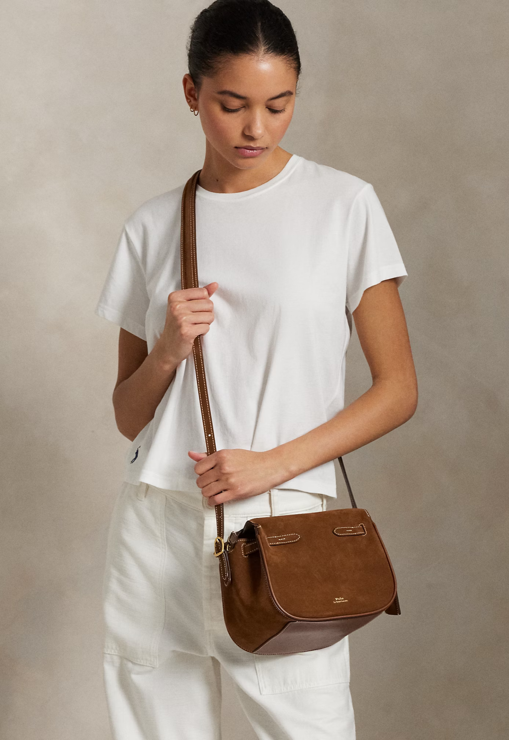 RALPH LAUREN WOMEN Polo ID Suede Mini Satchel Cinnamon/Cuoio