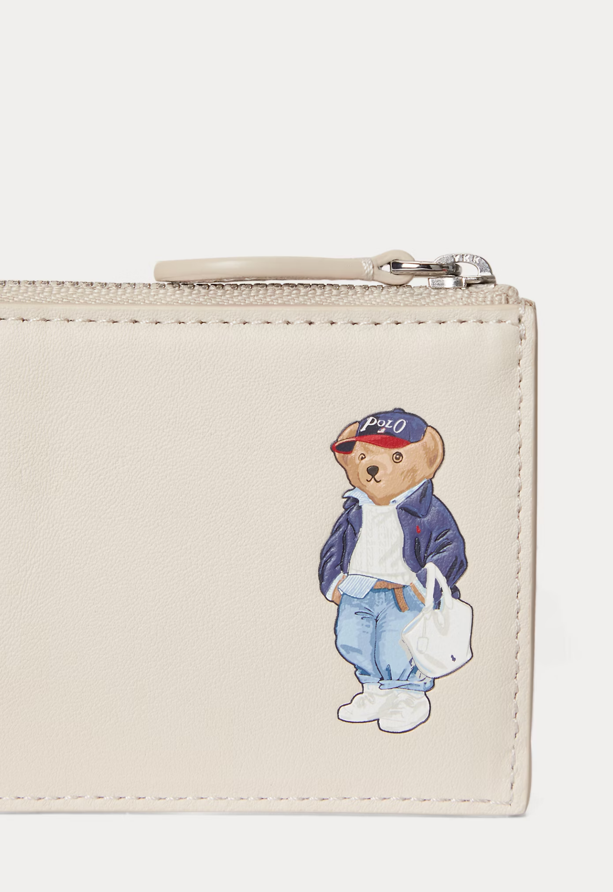 RALPH LAUREN WOMENS Polo Bear Leather Zip Card Case Cream