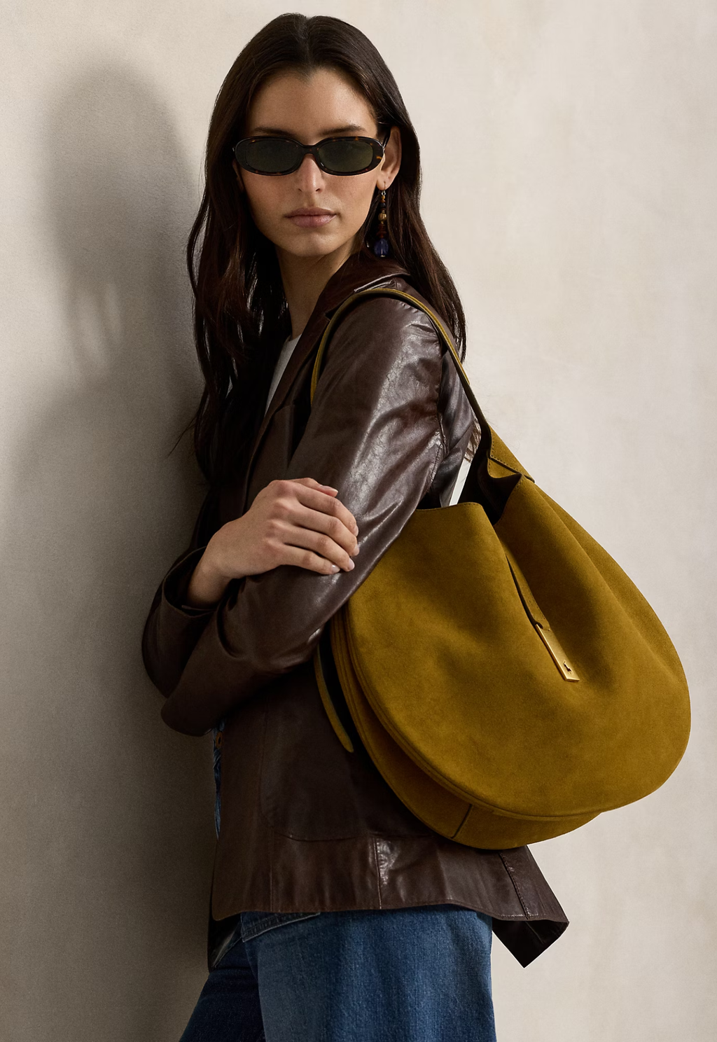 RALPH LAUREN WOMEN Polo ID Suede Large Shoulder Bag Artichoke