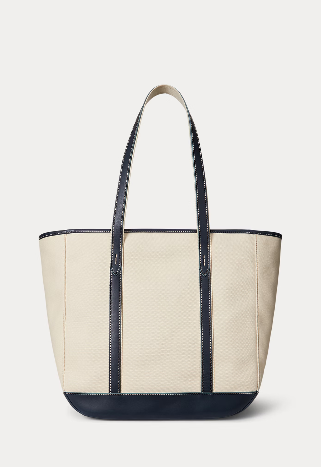 RALPH LAUREN WOMEN Leather-Trim Canvas Medium Shopper Tote Ecru/Navy