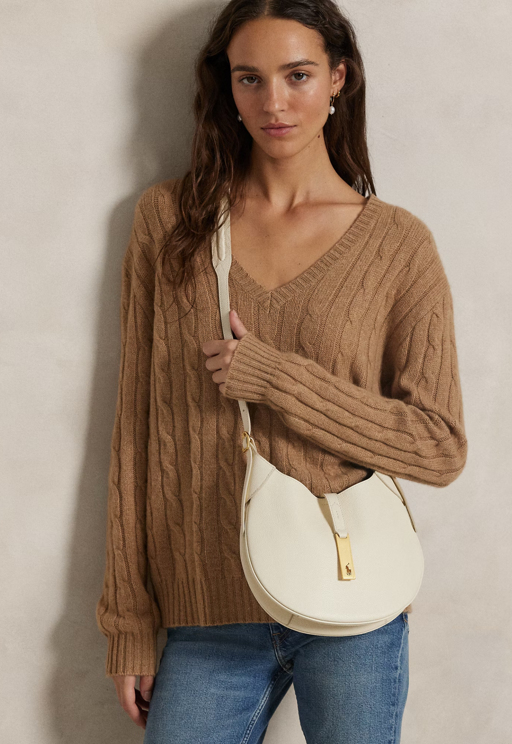 RALPH LAUREN WOMEN Polo ID Leather Small Shoulder Bag Ivory