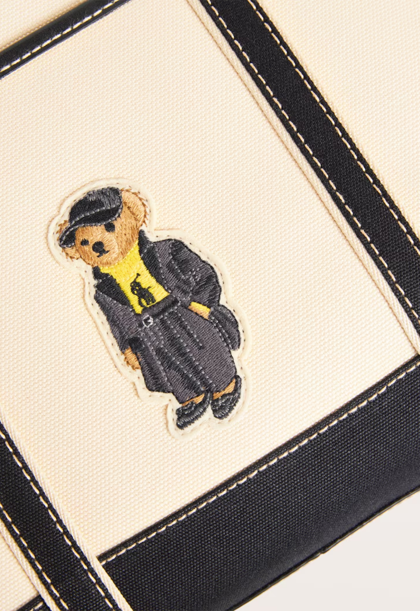 RALPH LAUREN WOMEN Polo Bear Canvas Small Shopper Tote Ecru/Black